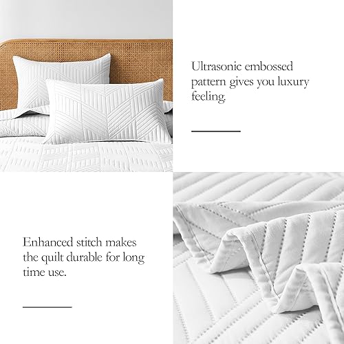 Vista 6 de Juego de ropa de cama tamaño Queen, juego de edredón ultrasónico blanco de microfibra reversible, ligero, suave, moderno, geométrico, para todas