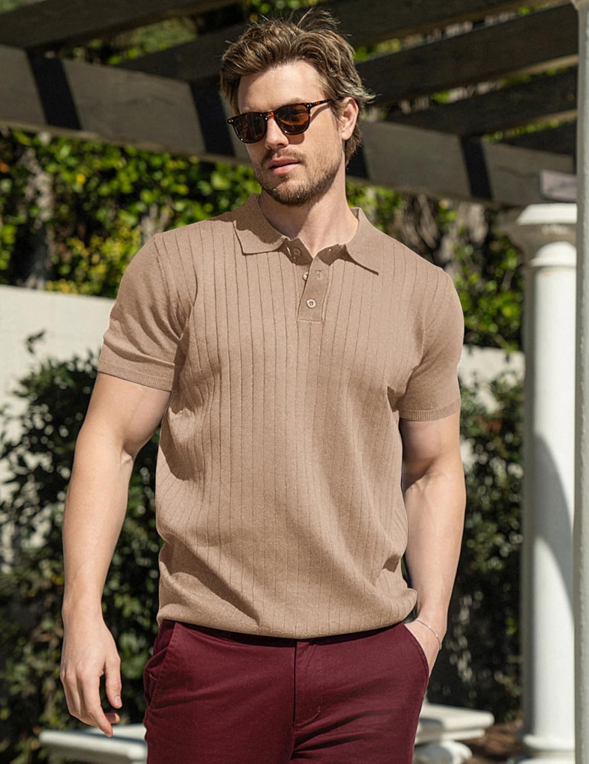 COOFANDY Men's Knit Polo Shirts Short Sleeve Ribbed Knitted Shirt Summer Lightweight Casual Golf Shirts - Image 2