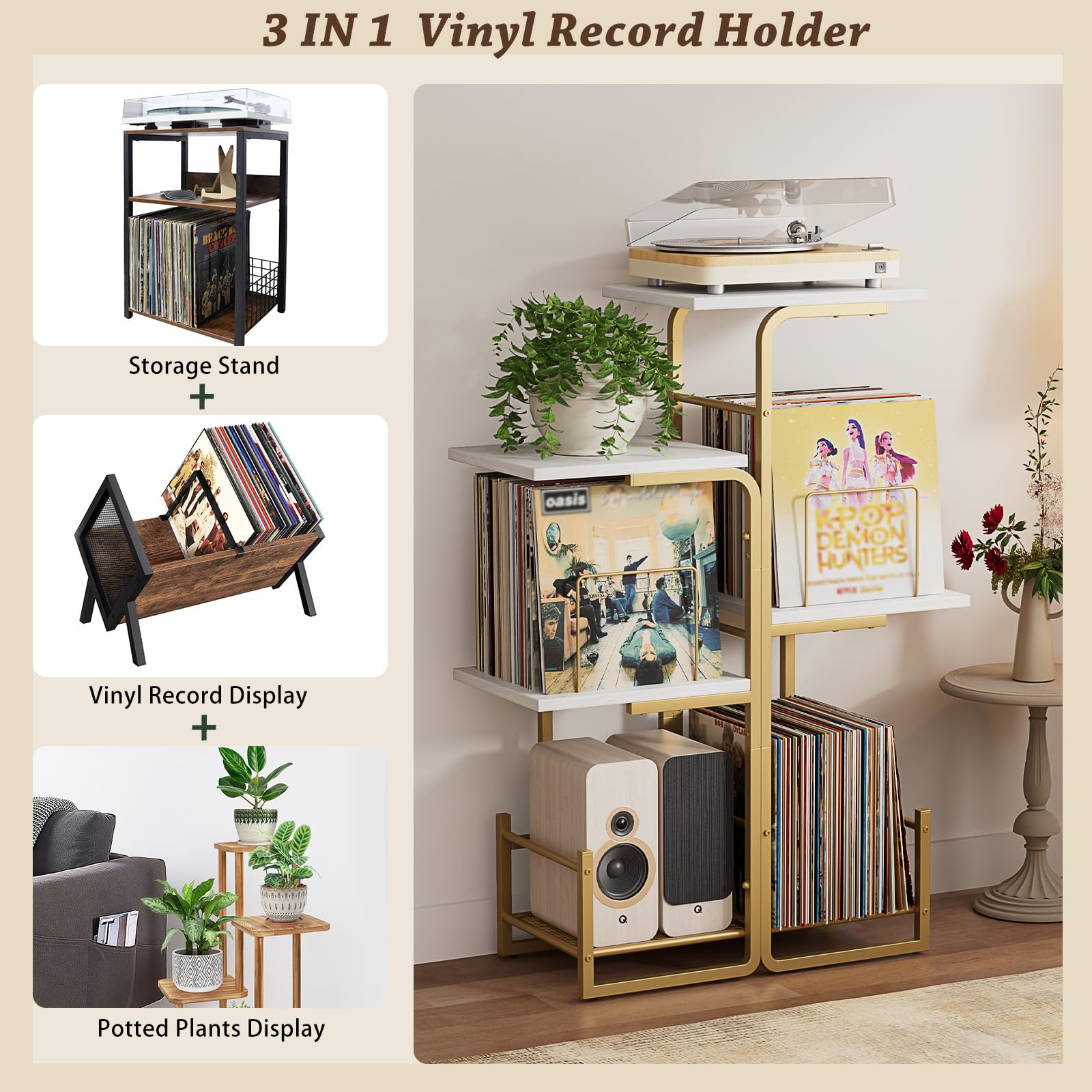 Bikoney Plattenspieler Ständer mit Vinyl-Stauraum & LP-Ablage - Gold | Vinyl-Display & Ständer mit Pflanzendesign für Wohnzimmer, Großer LP-Stauraum & Tisch Ideal für Kleine Räume