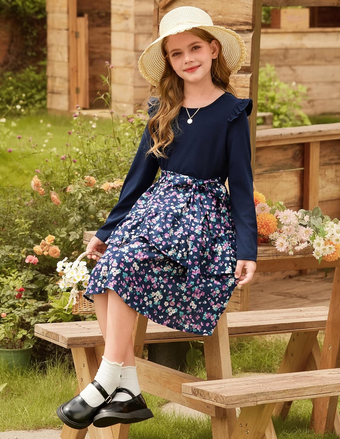 GRACE KARIN Girls Fall Long Sleeve Dresses Girl Floral Midi Dress Kids Casual Holiday Dresses with Belt Size 6-13 - Image 5