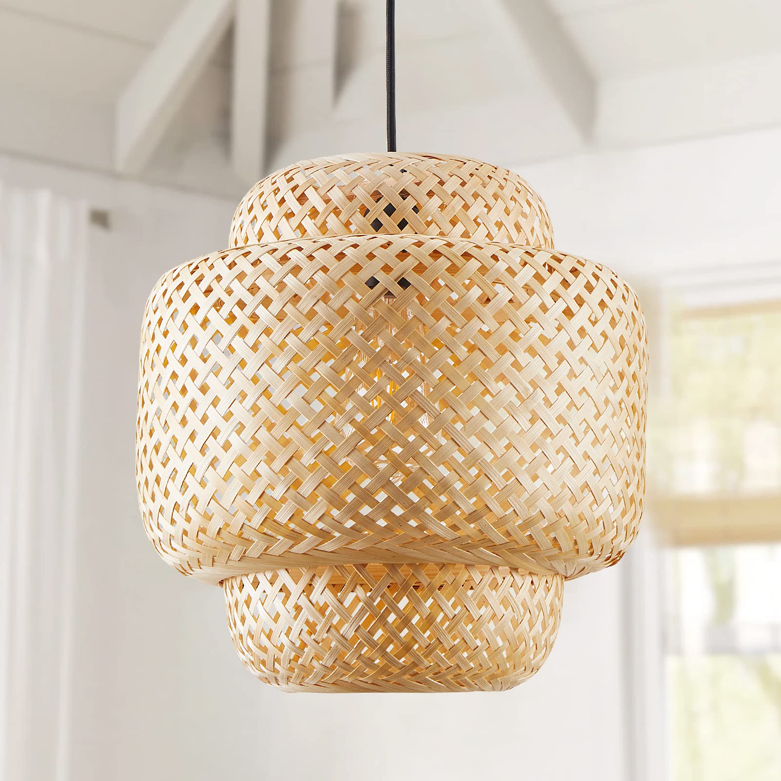 hummingbird Boho Bamboo Pendant Light 15.7'' Rattan Light Fixture,Coastal Wicker Pendant Light with Hand Woven Basket Lamp Shade,Rattan Chandeliers 