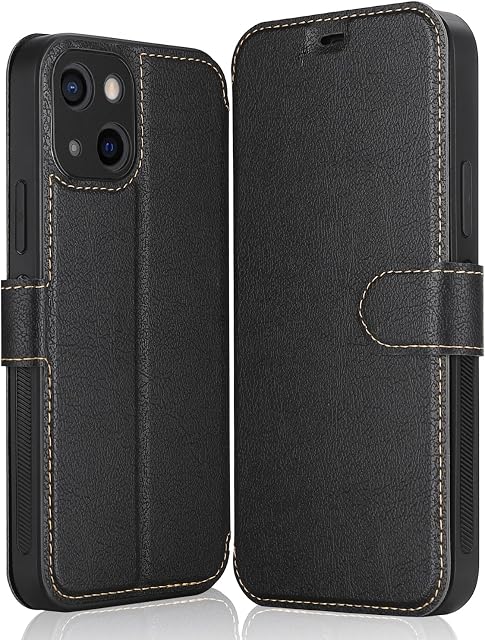 ELESNOW Case iPhone 13 mini - 5.4", Premium Leather Wallet Flip Cover [Full Lens Protection] [Magnetic Closure] Compatible with Apple iPhone 13 mini (Black)