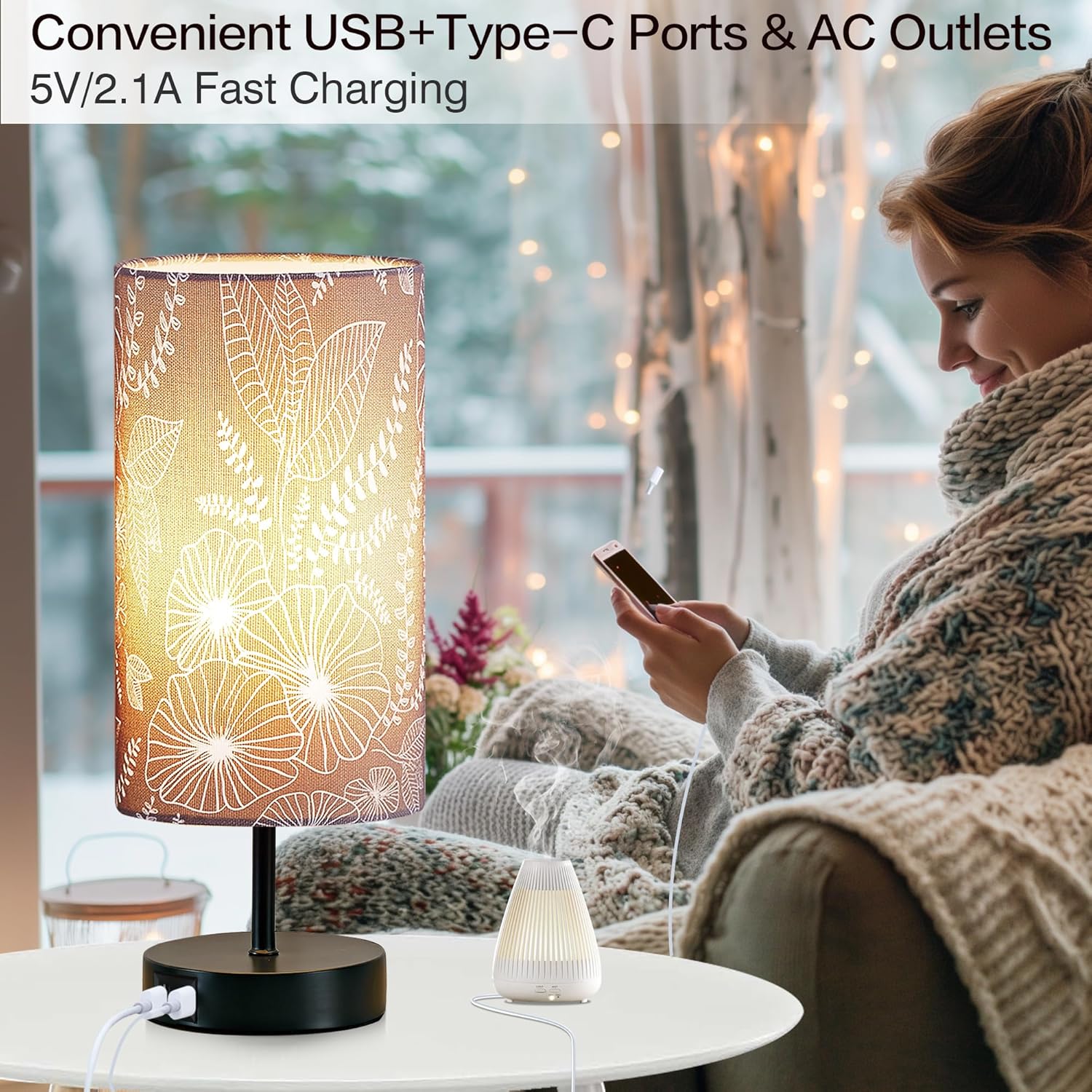 Bedside Table Lamp with 2 USB Ports, Modern Touch Control Desk Lamp with Round Flower Flaxen Fabric Shade, 3 Way Dimmable Small Nightstand Lamp for Bedrooms Living Room Dorm Gray Decor(Bulb Included)