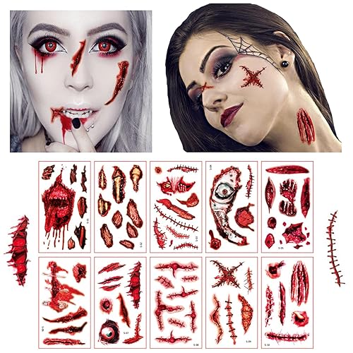 Tatuajes de zombies de Halloween, kit de maquillaje de tatuajes temporales de Halloween, 10 hojas de puntadas falsas en 3D, tatuajes de corte de