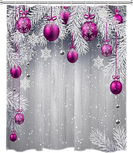 Miniatura 9 de HVEST Cortina de ducha de bola de Navidad, bola de Navidad rosa con pino plateado sobre tablero gris, cortina de ducha de baño con ganchos, tela de