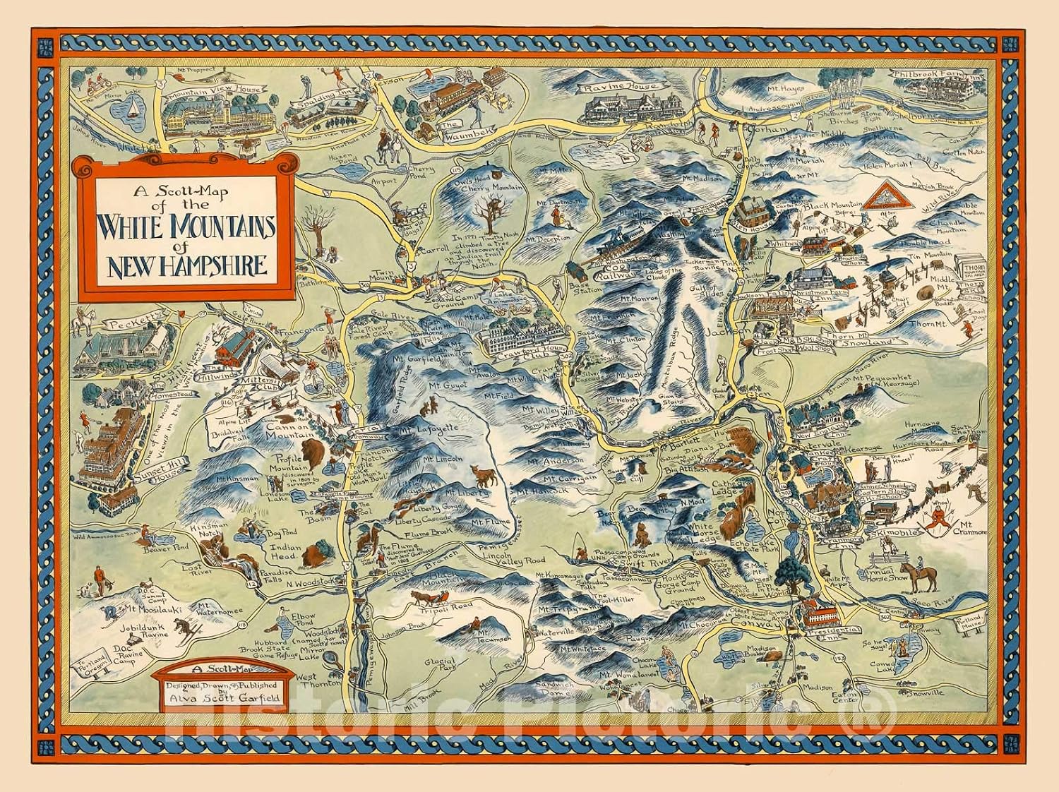 White Mountains New Hampshire Pictorial Map 1960 - Historical Map Print - 30in x 24in