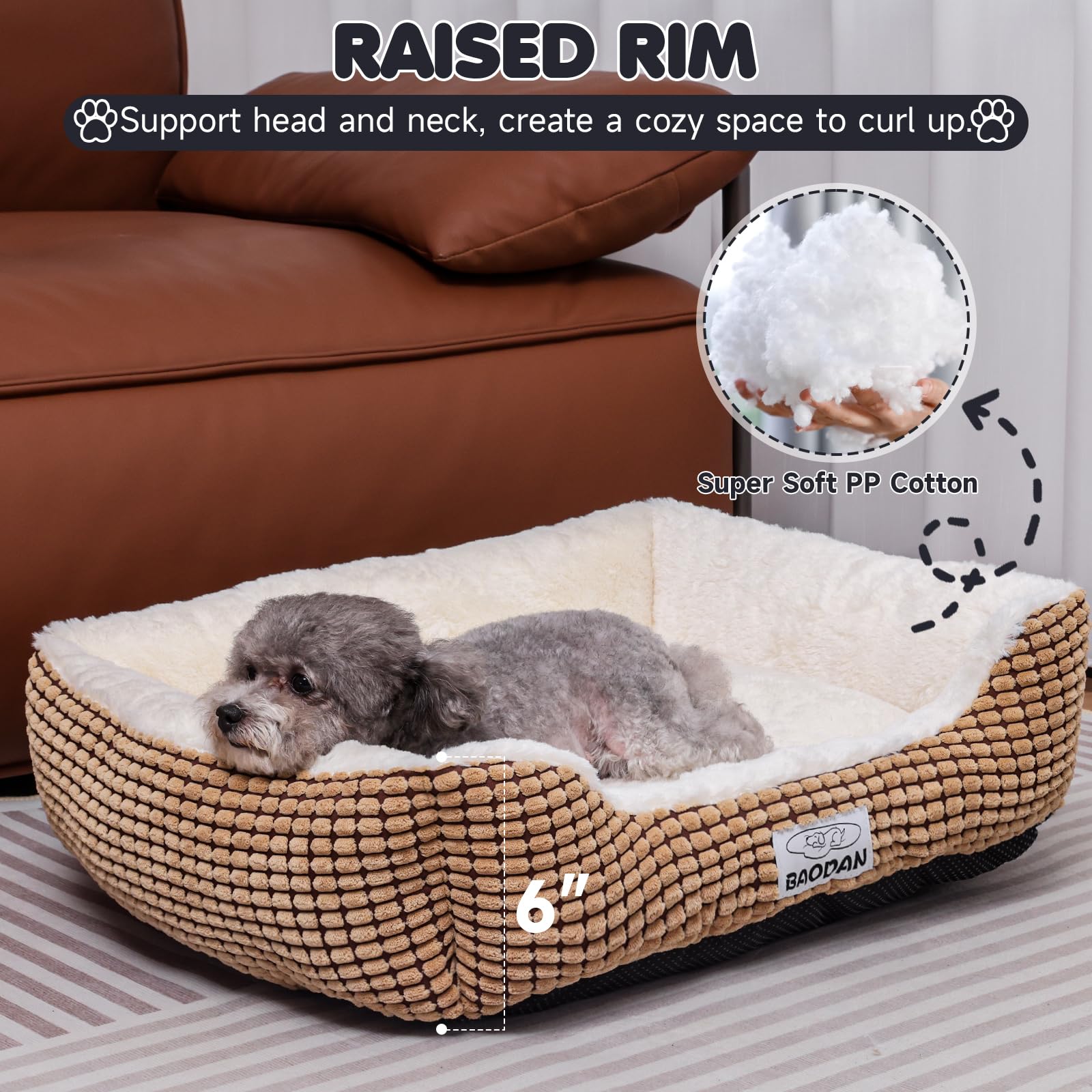 Baodan Small Dog Bed, Washable Cat Bed for Small Pet Rectangle Dog Bed With Non-Slip Bottom, Anti-anxiety and Soft, Beige 50x40 cm - Image 3