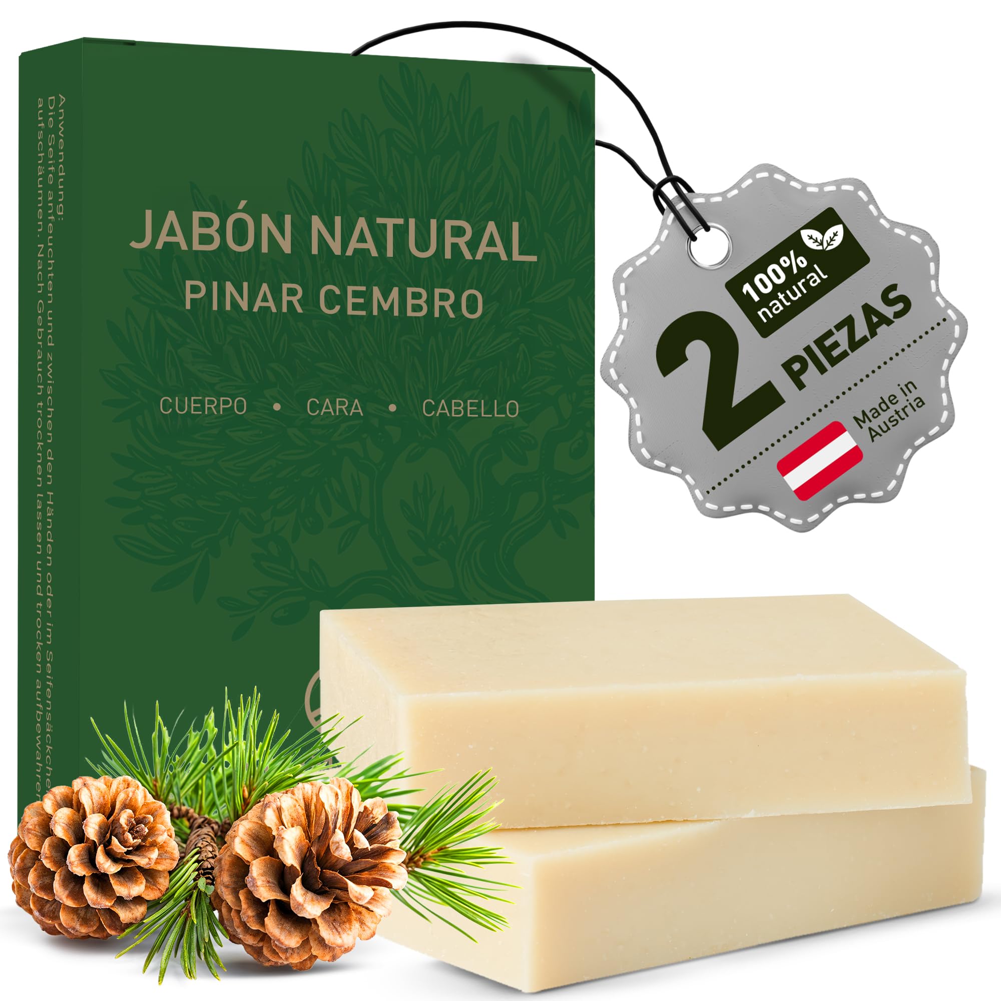 larum sports Jabon Natural Cuerpo y Cabello PINAR CEMBRO – Jabones Naturales Artesanales – Jabones para Regalar – Pastilla Jabon Ducha 100% Vegetal – 2x85g Jabón Natural Cuerpo Vegano | Champú sólido, pieza de jabón, cara corporal 3 en 1, jabón natural, jabón corporal vegano, gel de ducha sólido