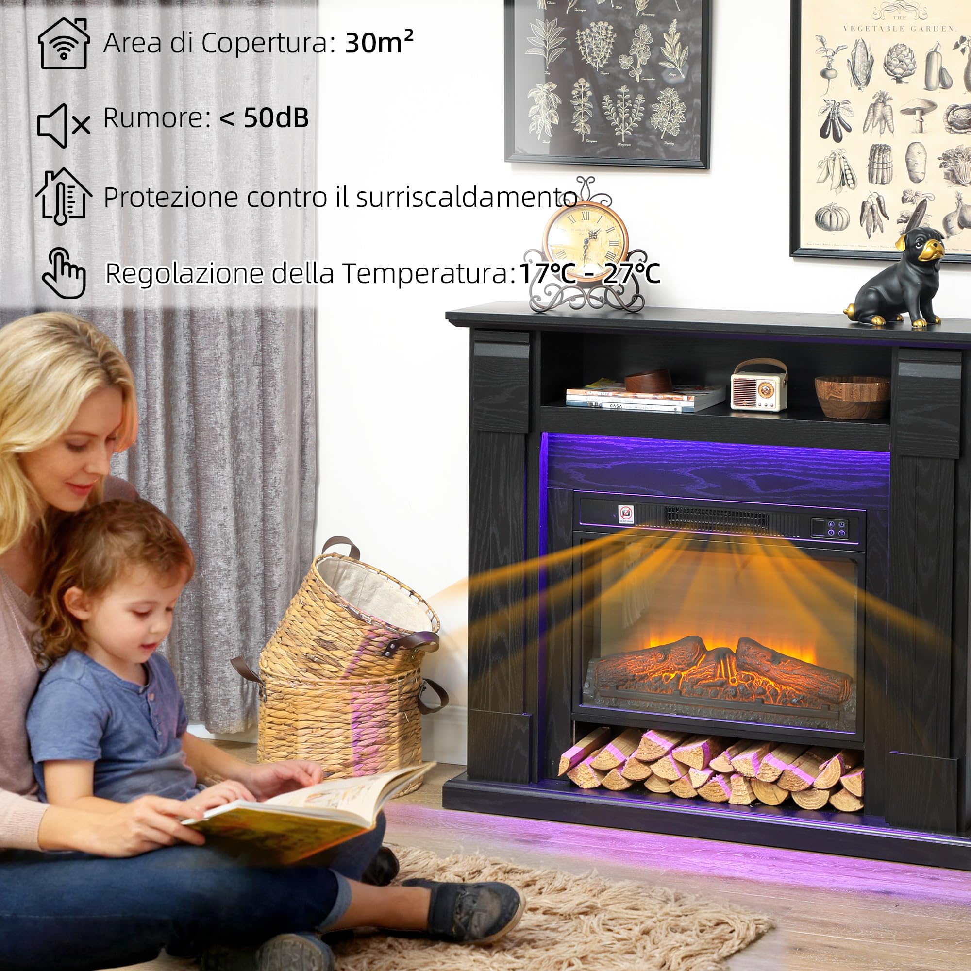 HOMCOM Camino Elettrico con Cornice Effetto Fiamma 3D Realistico 3 Luminosità, 1800W Caminetto Elettrico da Incasso/Terra, Luce LED, Riscaldamento Regolabile, 2 Telecomandi, Termostato, Timer, Nero