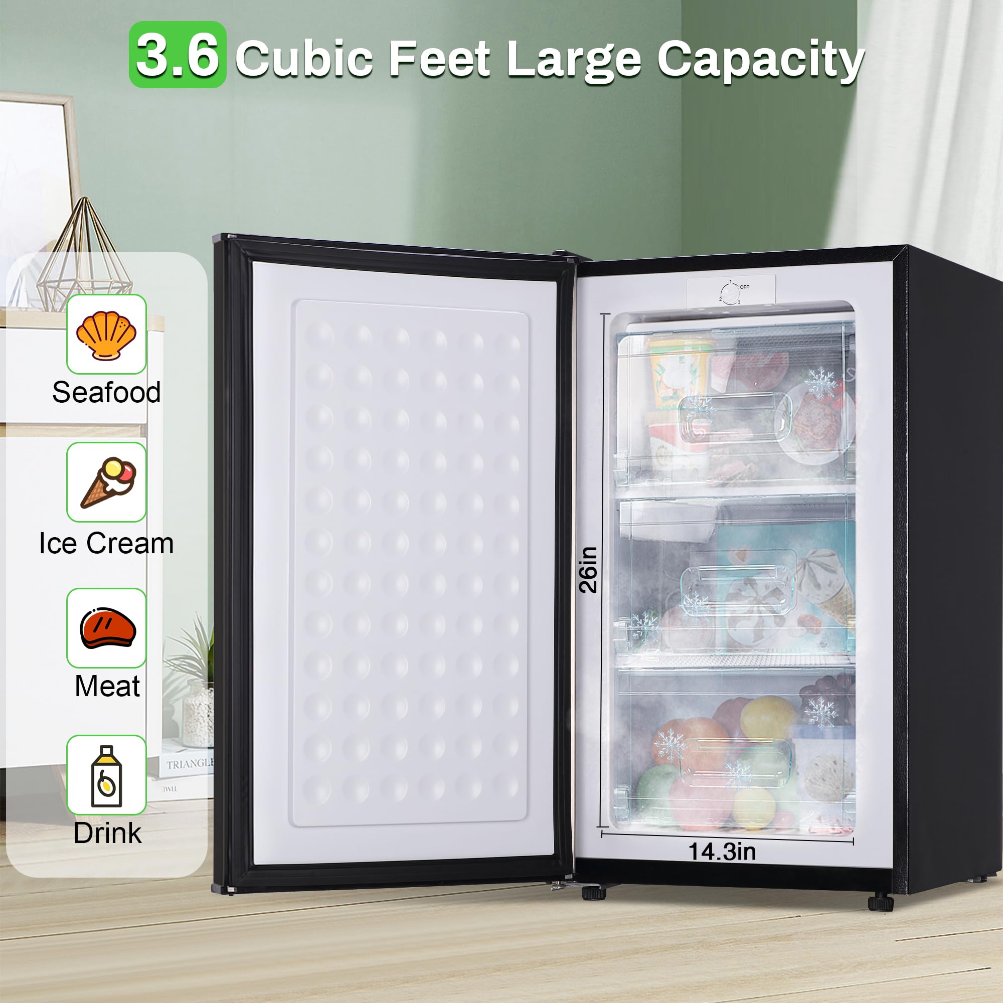 Maine Mini Upright Freezer, 3.6 Cubic Feet, Single Door Compact Freezer With Reversible Stainless Steel Door, 3-Speed Temperature Adjustment Small Freezer For Home/Dorms on Fridge.com - View 4