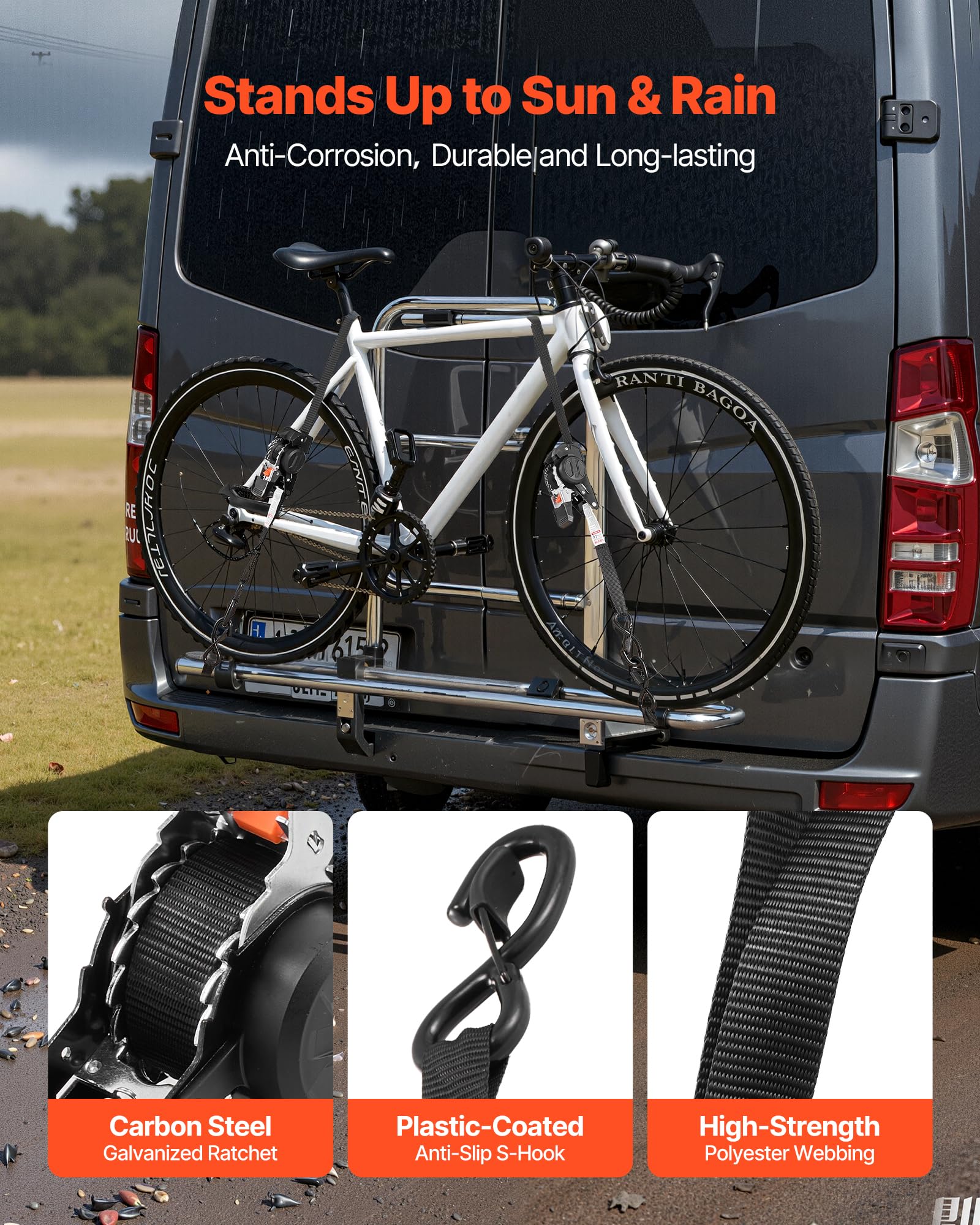 VEVOR Correas de Trinquete Retráctiles, 25,4 mm x 3 m, con Ganchos en S, Resistencia a la Rotura de 544 kg, 4 Bucles Suaves, para Mudanzas, Remolques, Motocicletas, Kayaks, Techo de Coche, 4 uds