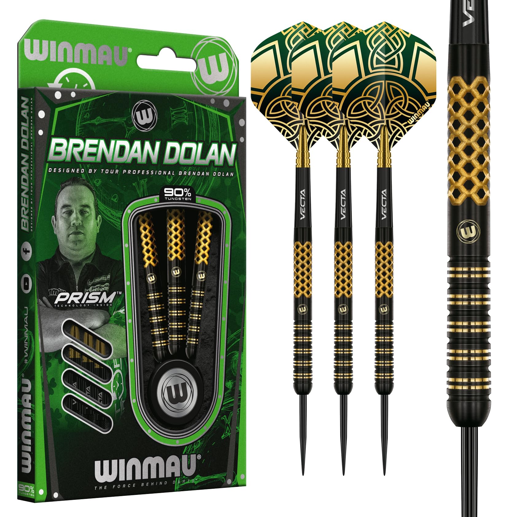 WINMAU Professioneller Spieler - Brendon Dolan Signature Series - 90% Profi Wolfram Dartpfeile - Metallspitze Darts Set mit Dart Flüge und Dart Wellen - Verfügbare Gewichte 23g & 25g