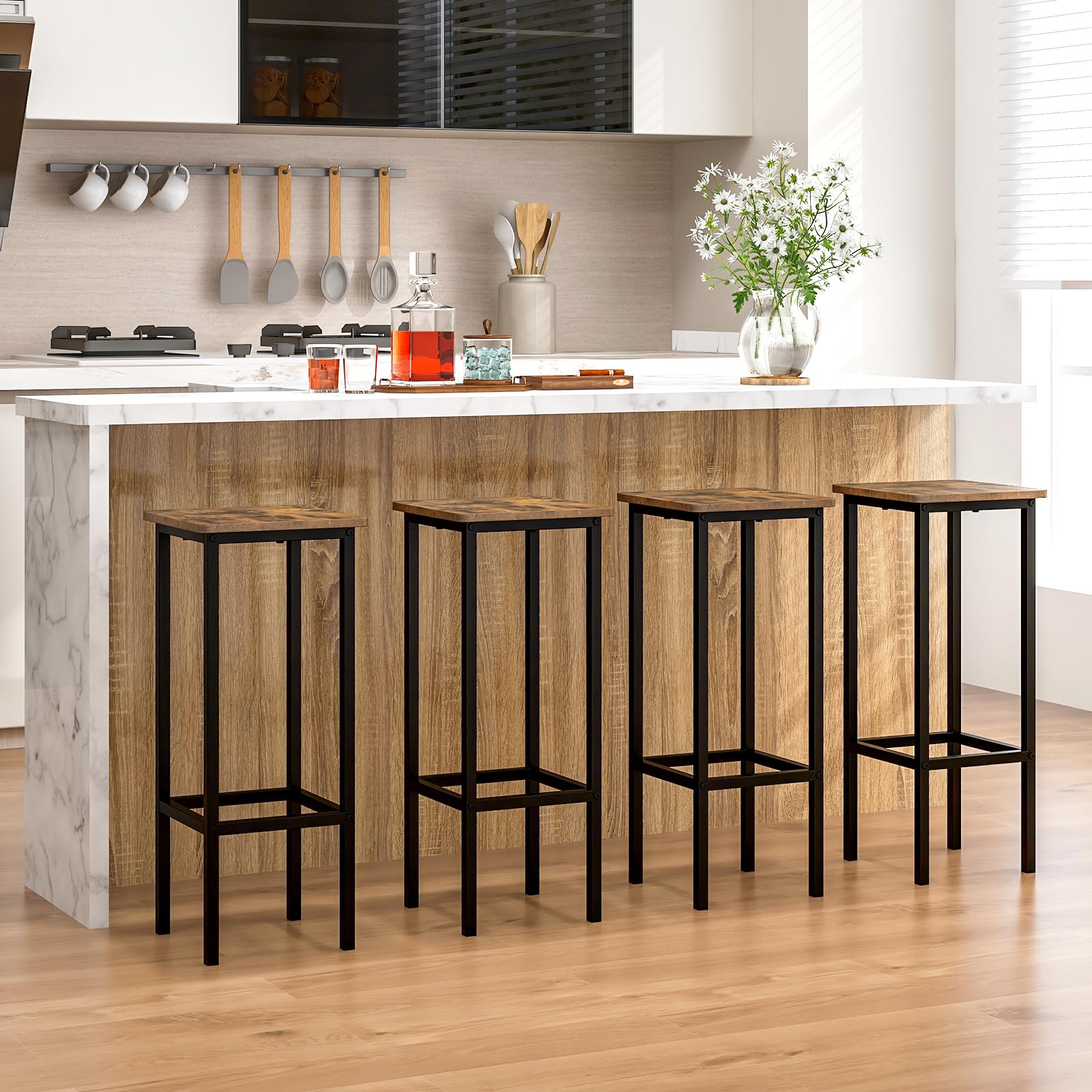 COSTWAY Juego de 4 Taburetes de Bar, 30 x 30 x 72 cm, Silla de Comedor con Marco de Metal y Asiento de Madera, Taburete Alto para Comedor Cocina, Fácil de Montar (72 cm)
