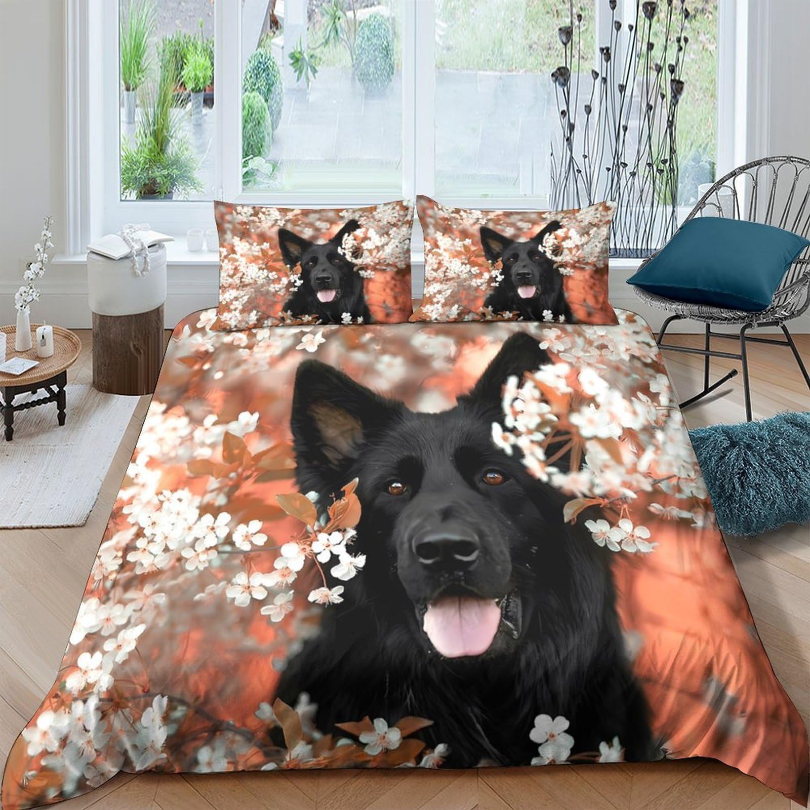 Ctjqhvkz Style-9 3D Printed Black German Shepherd Fitted Sheet Microfiber Floral Bed Cover Orange Bedroom Decor Machine Washable Single（135X200cm）