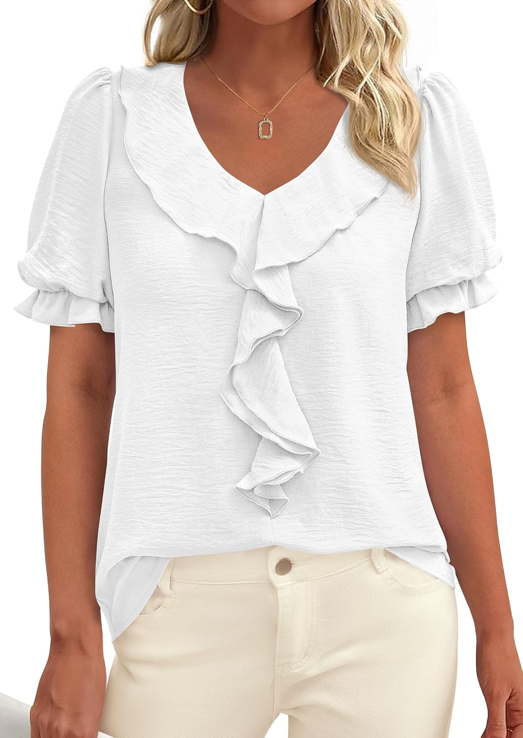 PRETTYGARDEN Women's Summer Dressy Casual Blouses 2026 Short Sleeve V Neck Ruffle Business Work Tops Trendy Spring Outfits - Image 8