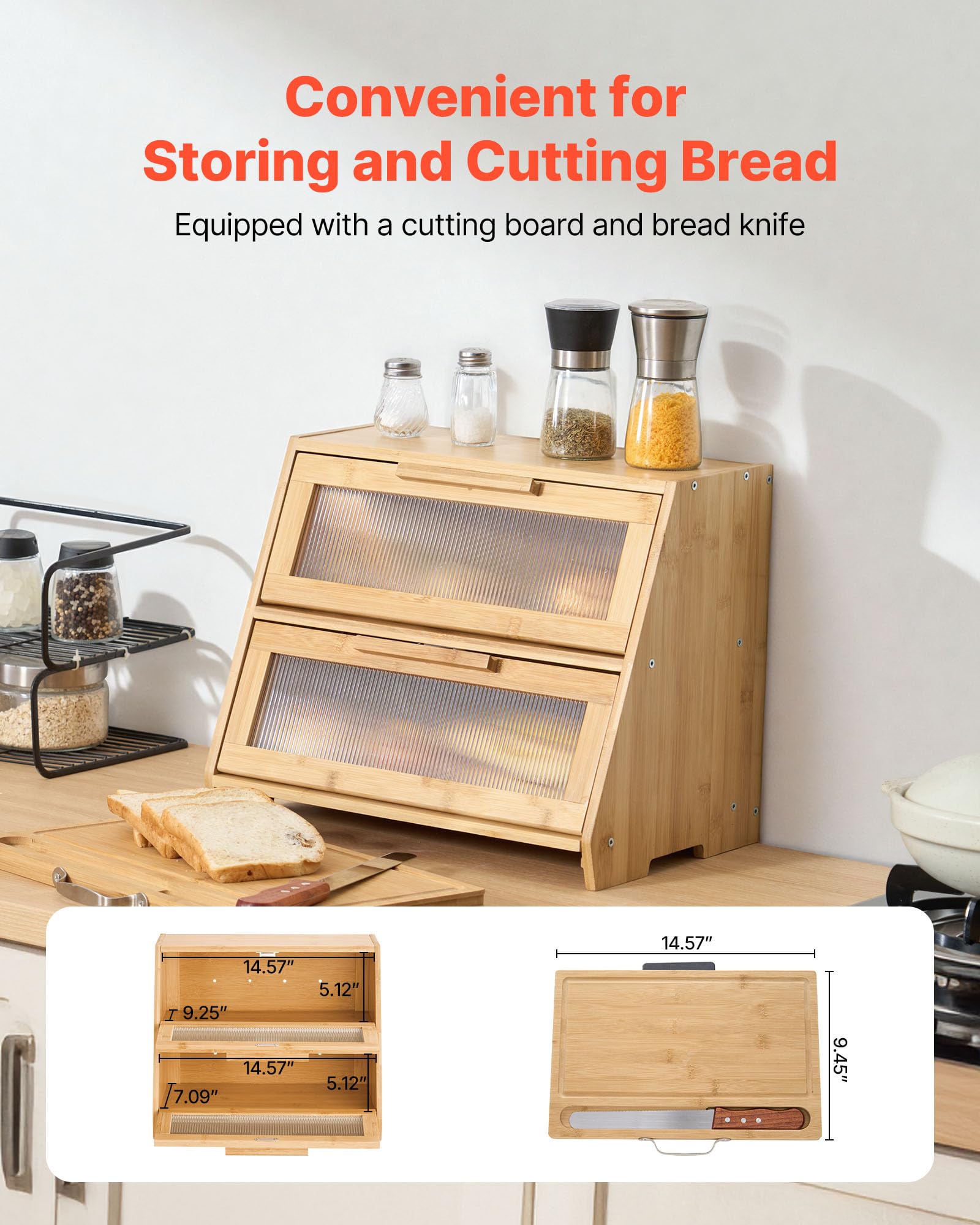 VEVOR Contenitore per Pane a Doppio Strato per Bancone della Cucina 390 x 260 x 320 mm Contenitore per Pagnotta in Legno di Bambù per Pane Fatto in Casa, con Pannello Porta in Acrilico Ondulato