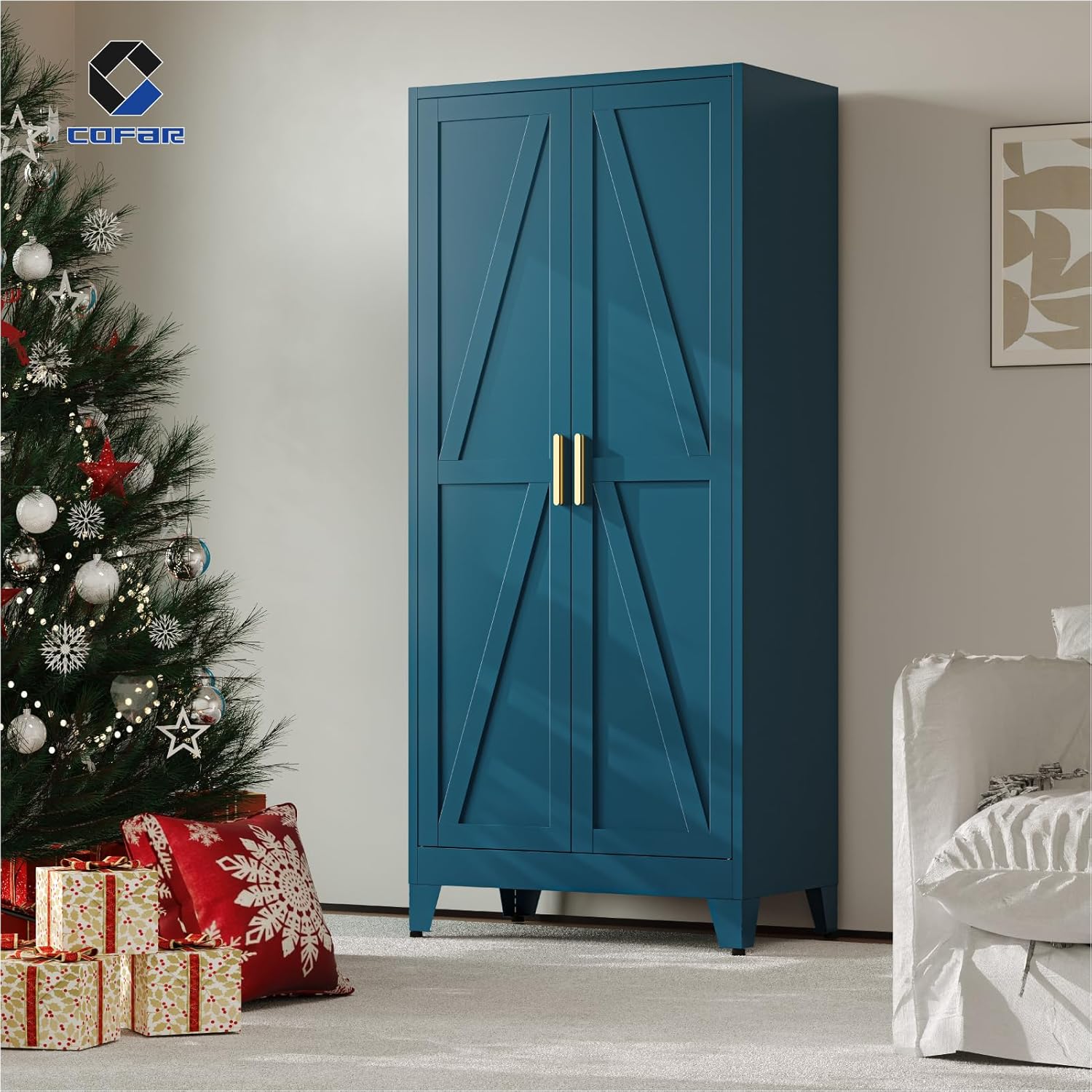 COFaR 71'' Metal Armoire Wardrobe Closet, Steel Wardrobe Cabinet with Adjustable Hanging Rod and Shelves, 2 Doors Farmhouse Closet Storage for Bedroom Garage Office, Peacock Blue