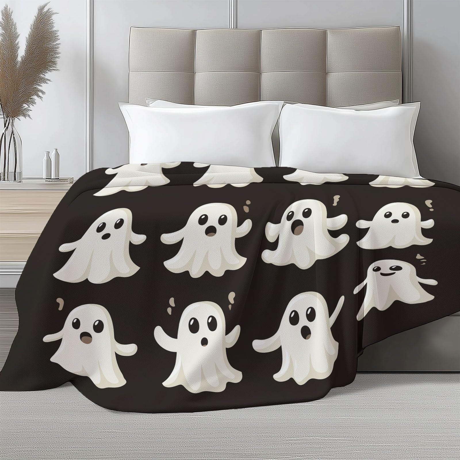 Générique Koc w kratę 150 x 200 cm Małe duchy na Halloween to gracze, bardzo miękki koc flanelowy z nadrukiem, narzuta na sofę premium dla nastolatków i dorosłych, czarny
