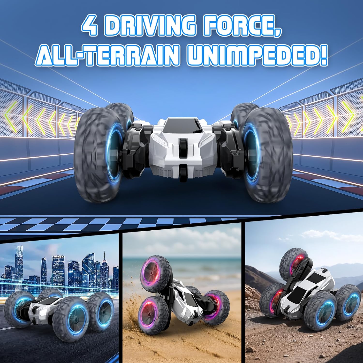 Remote Control Car for Boys, RC Monster Truck, USB Rechargeable 4WD RC Cars, 2.4Ghz Double Sided 360° Rotating Stunt Car, RC Cyber Toy Vehicle with LED Lights, Xmas/Birthday Gift for Kids Age 3+
