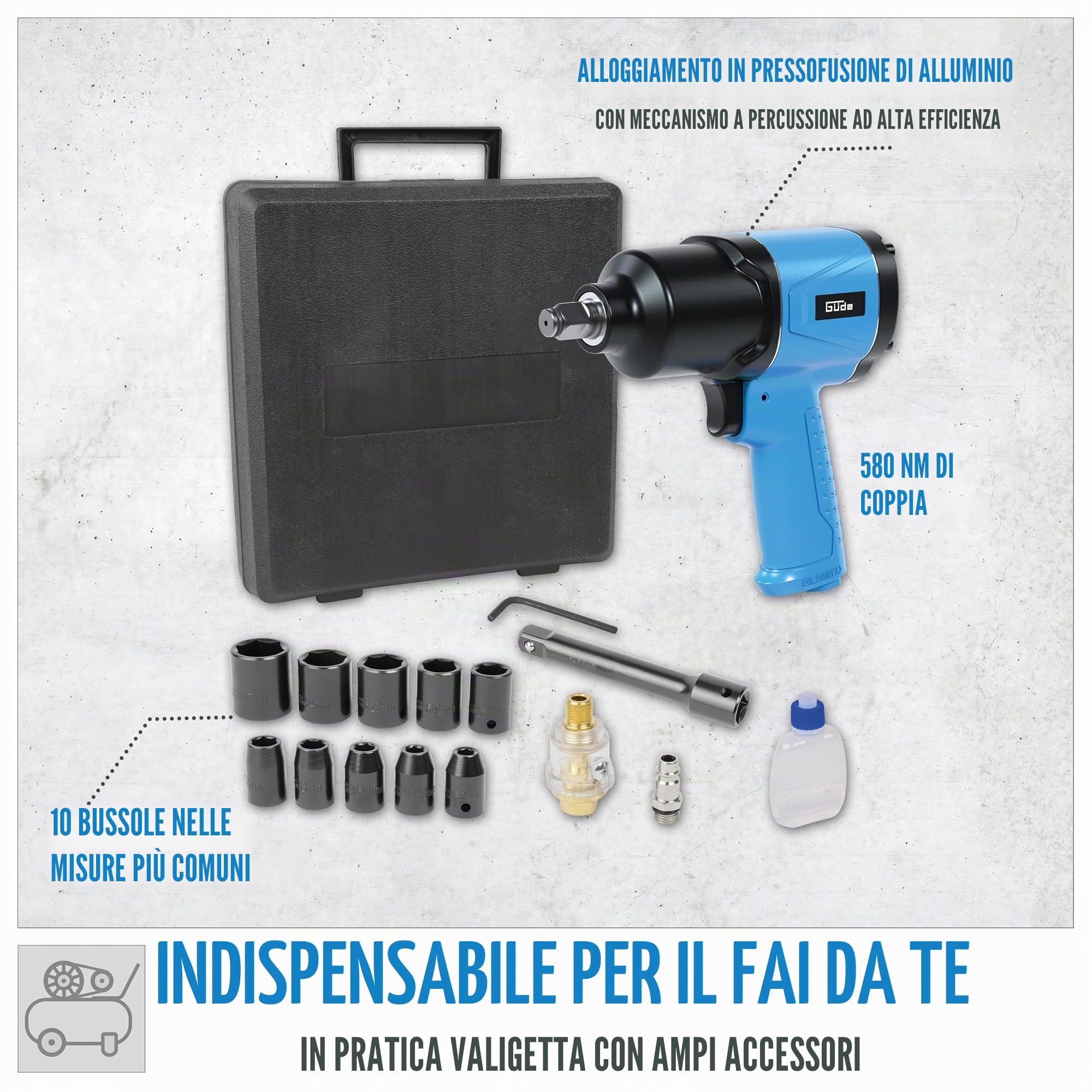 Güde Set avvitatore a percussione ad aria compressa (filettatura di collegamento IG 1/4", 6 bar, pressione pressata, 204 l/min, gonfiabile, 150/300/569 Nm, coppia di rilascio max. 580 Nm, con 10