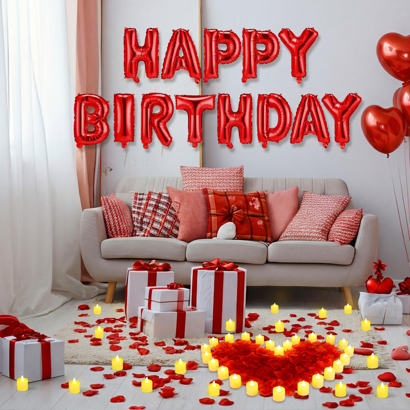 Czerwone balony Happy Birthday, zestaw banerów, 40 cm, foliowe litery z 24 diodami LED i 2000 szt. czerwonych płatków róży, dla dzieci, dorosłych, dekoracje urodzinowe, artykuły imprezowe