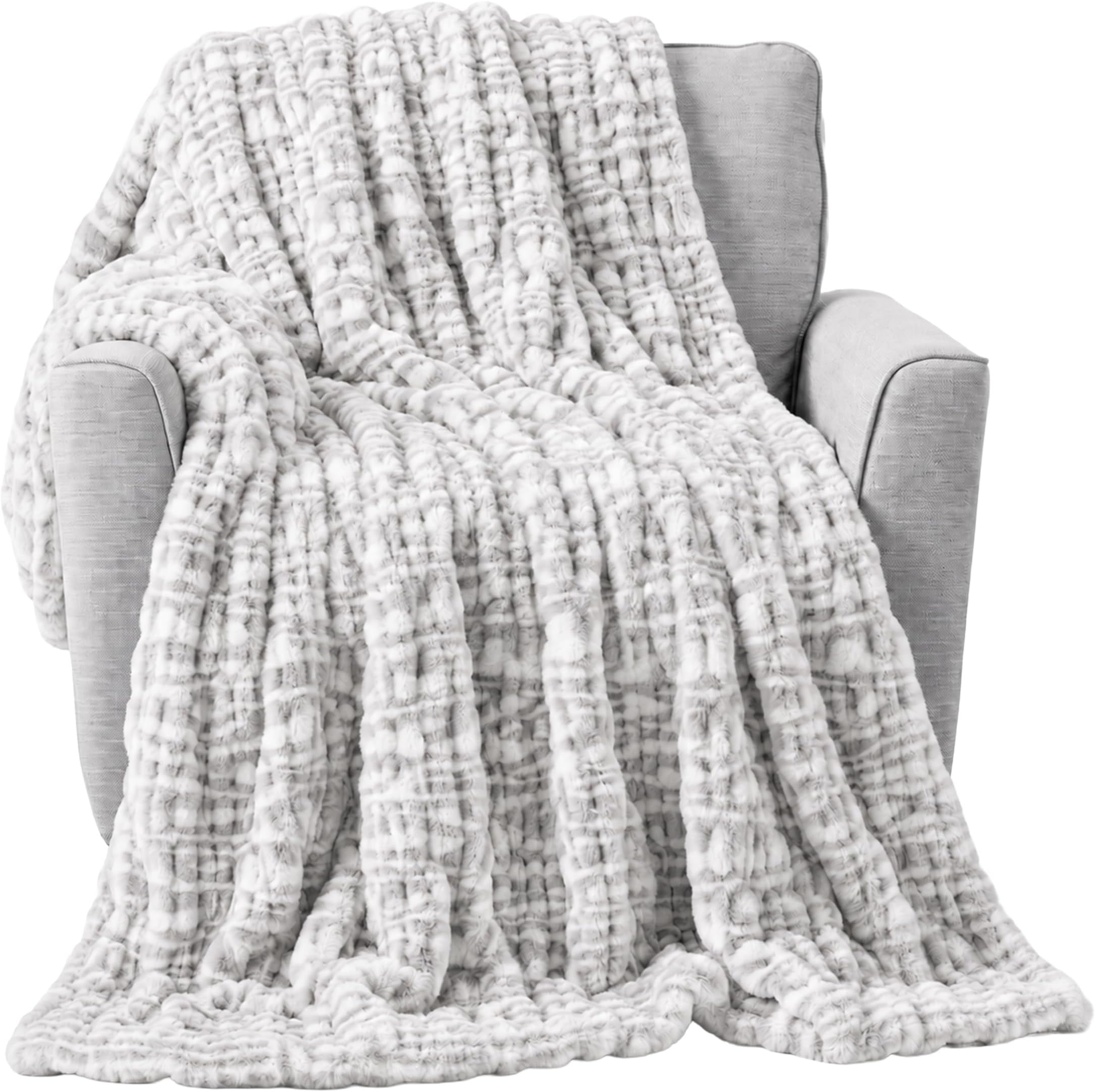 Oversized Ruched Faux Fur Blanket - 60x80-Inch Jacquard Faux Fur Queen-Size Throw for Sofas and Beds - Luxurious Bedding (Gray)