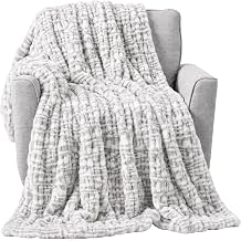 Oversized Ruched Faux Fur Blanket - 60" x 80" Jacquard Faux Fur Queen Size Throw for Couch or Bed - Luxurious Bedding by Lavish Home Grey