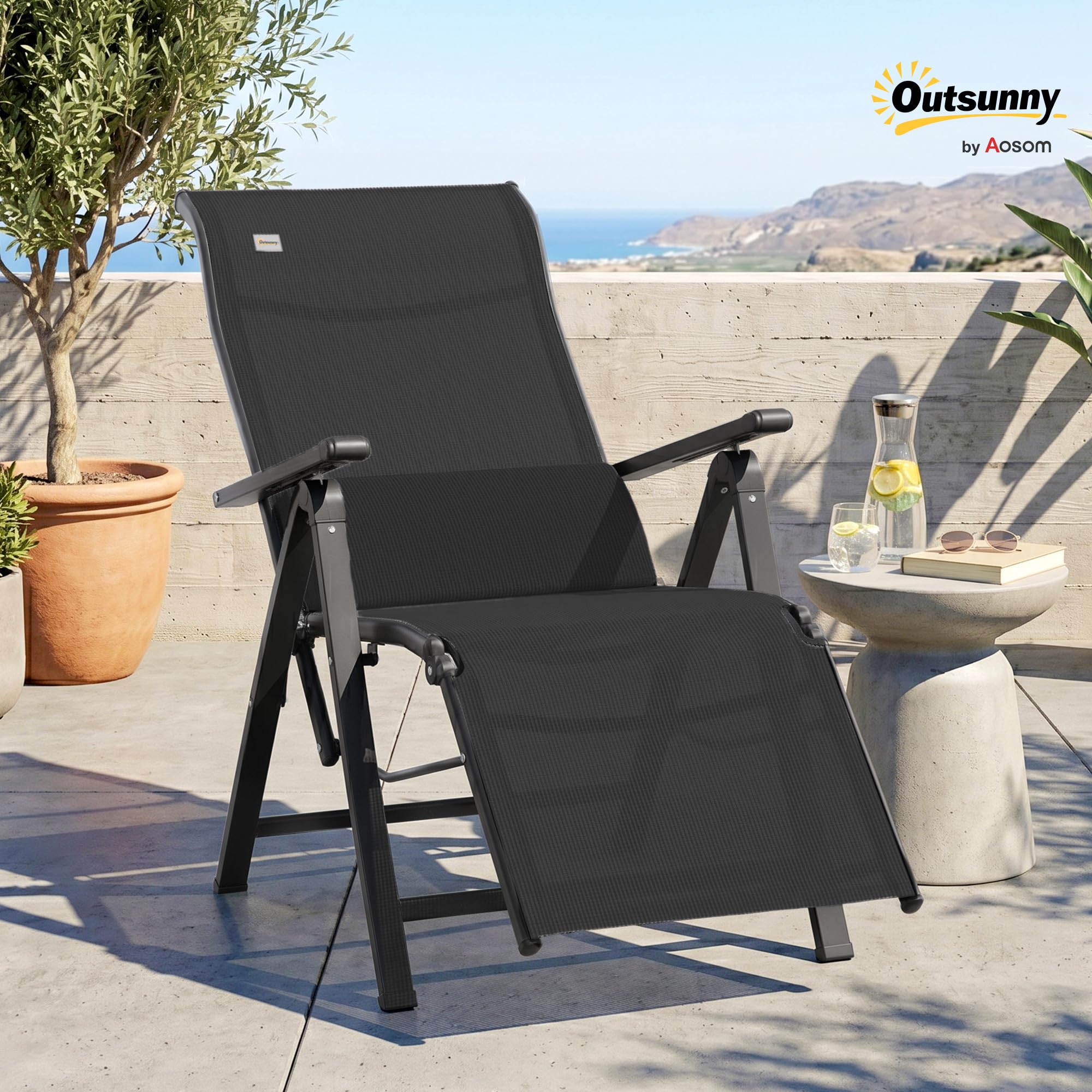 Outsunny Sedia a Sdraio Pieghevole Reclinabile, Poltrona Relax da Giardino con Schienale Regolabile in 9 Posizioni, Cuscino Lombare, per Giardino, Terrazza o Piscina, Nero