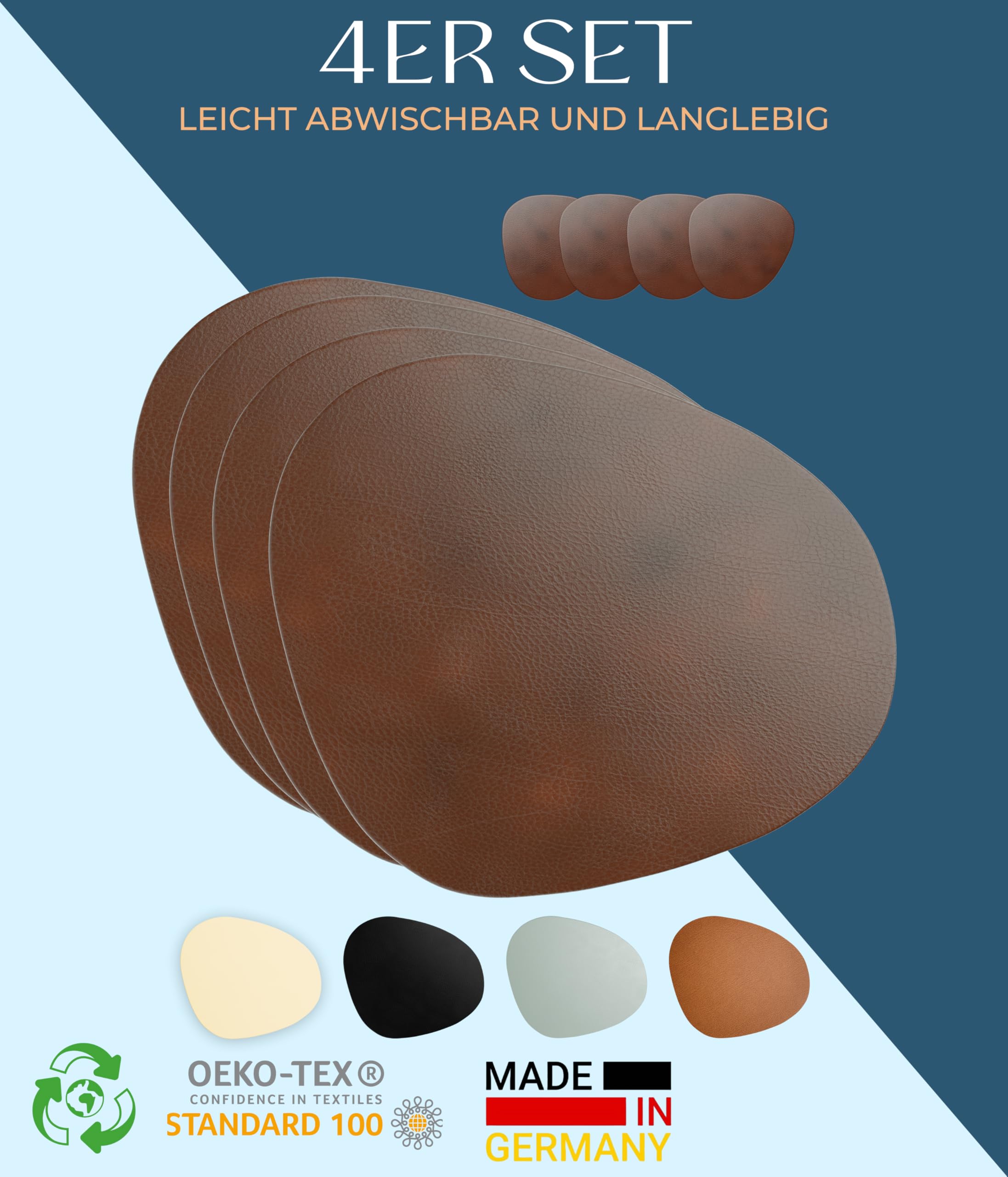Juego de 4 Manteles Individuales y Posavasos de Piel Reciclada para Decoración Mesa, Estable y Antideslizante, Moderno, 39 x 35 cm, Sostenible, Fabricado en Alemania (Marrón)
