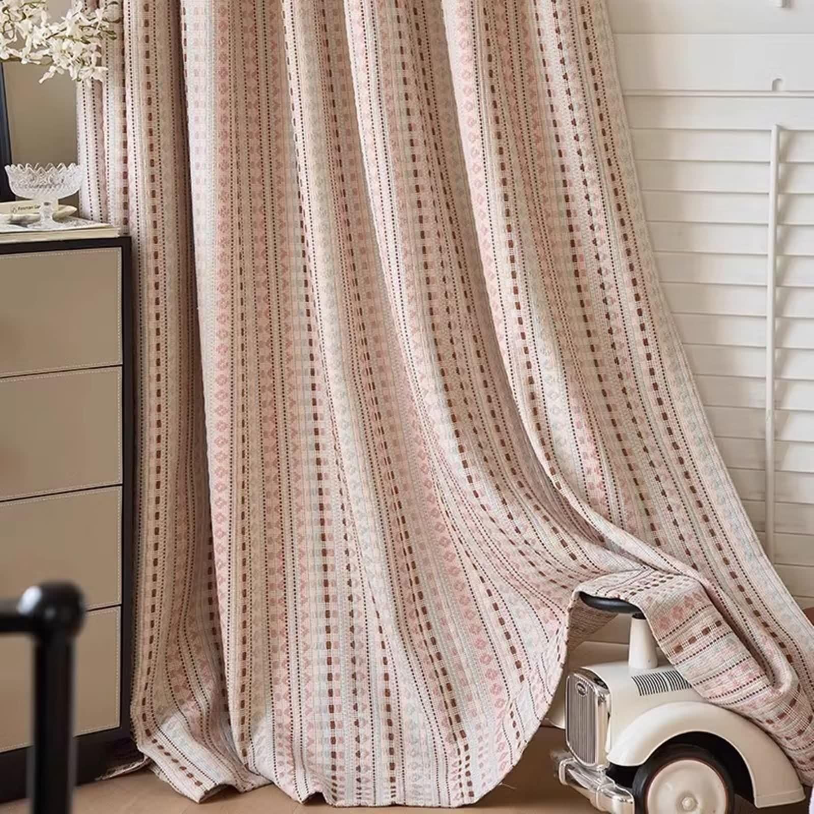 Rideau Chambre Long Polyester, Rideaux Chambre Lot de 2 Rose-Brun Motif Géométrique LxH 132x160cm