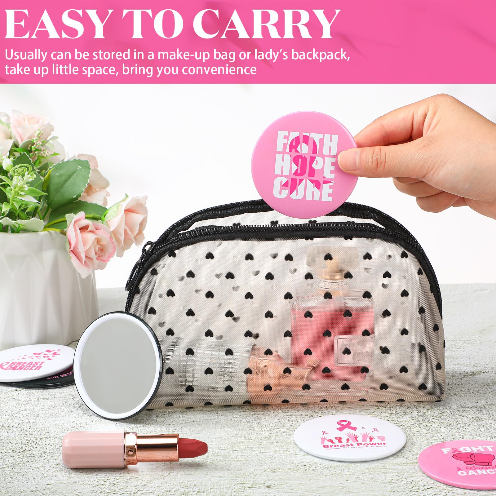 24 Stück Taschenspiegel Mit Rosa Schleife – Perfekte Geschenke Für Brustkrebs-Bewusstsein (6,7 Cm)
