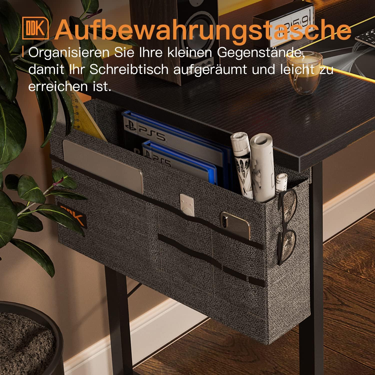 Close-up of the ODK L-shaped desk's side storage bag