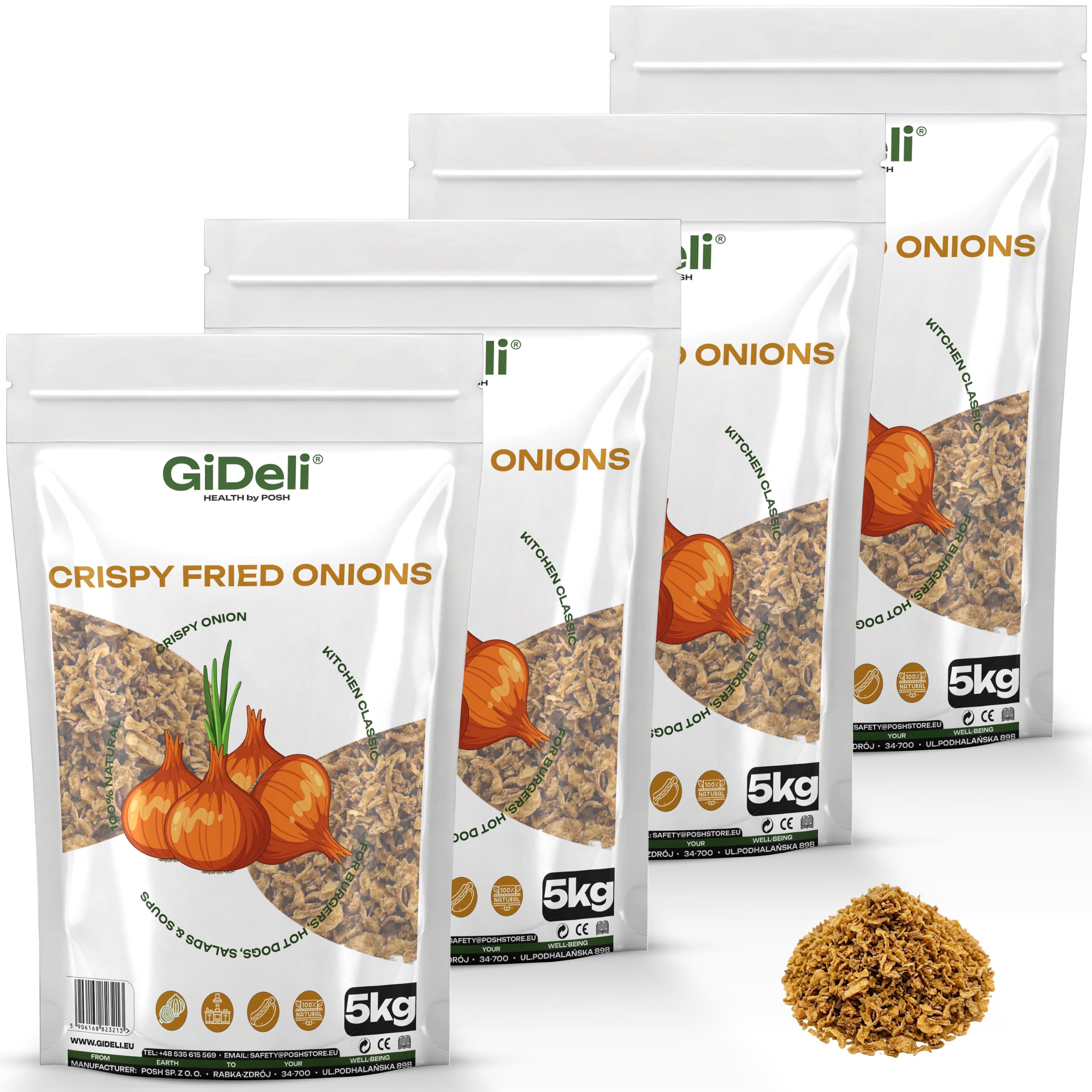 GiDeli Röstzwiebeln 4x5kg - Knusprig Geröstete Zwiebeln, 100% Natürlich - Kross & Aromatisch für Hot Dogs, Burger & Salate - Gebratene Zwiebeln zum Verfeinern von Suppen, Aufläufen & Fleisch