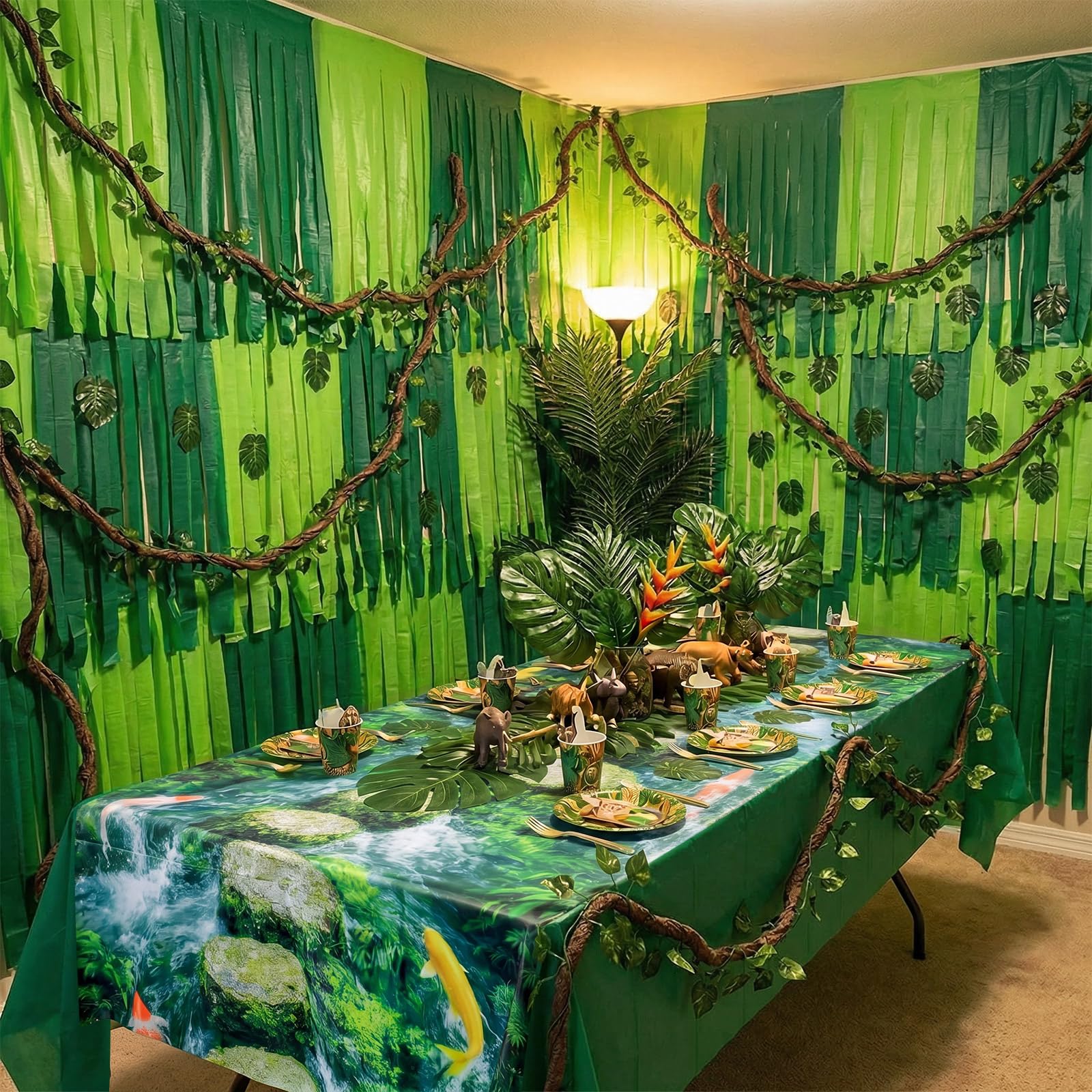 Dschungel-Party-Dekorationen, Safari, tropischer Regenwald, Dekoration, künstliche Reben, Blätter, Pothos, Reben, Dschungel, Bodenläufer, tropische Safari-Party-Dekoration für hawaiianischen