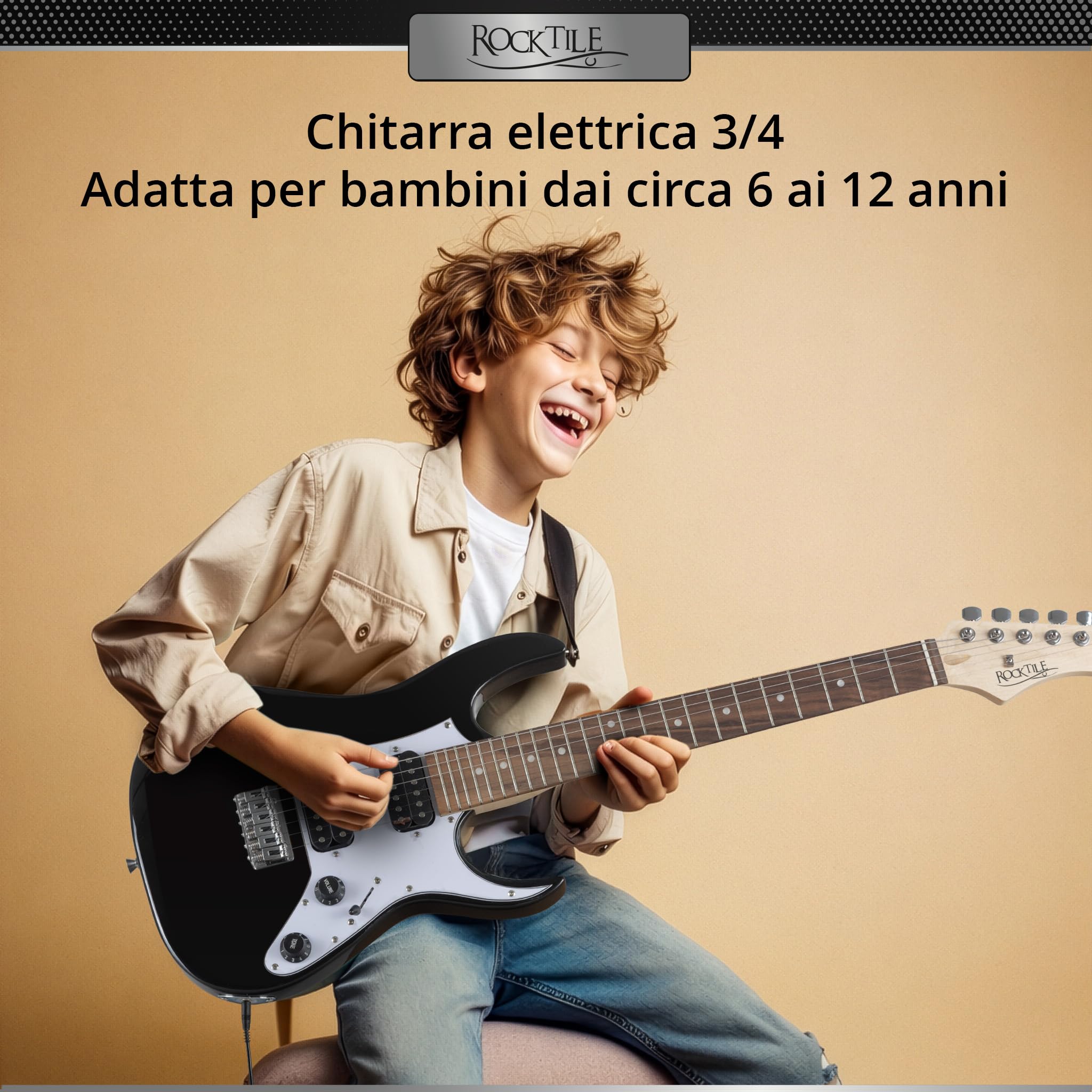 Rocktile Youngster YS-1BK 3/4 Chitarra Elettrica Nera, Generale, Peso: 2 | Modello: YS-1BK, Adatta indicativamente dai 6 ai 12 anni, 7 kg, Numero di corde: 6, Orientamento: Destrimano, Corpo, Manico