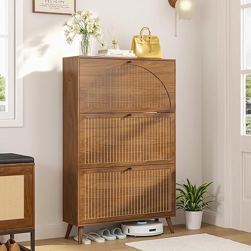 Miniatura 6 de Armario de almacenamiento de zapatos para entrada con 3 cajones abatibles, organizador estrecho de zapatos con panel estriado, armario oculto