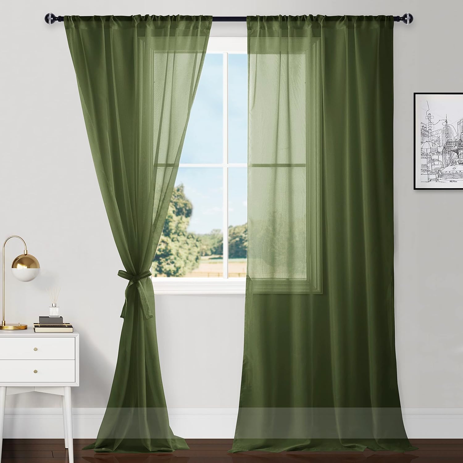 Hiasan Christmas Olive Green Sheer Curtains 102 Inches Long with Tiebacks, Lightweight and Light Filtering Voile Drapes Rod Pocket Window Curtains for Bedroom, Living Room, W52 x L102, 2 Panels