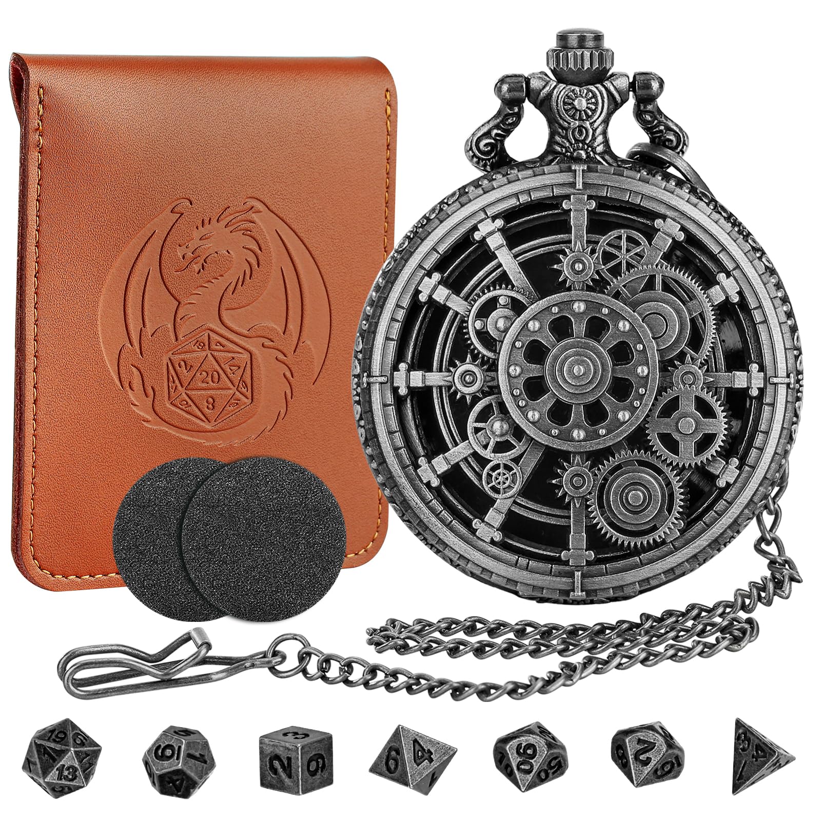 Mini DND Dice Set with Steampunk Hollow Gear Pocket Watch Shell Case, Tiny 7pcs Polyhedral Metal D&D Dice,DND Gifts with Leather Bag, Role Playing Board Games Accessories, Silver