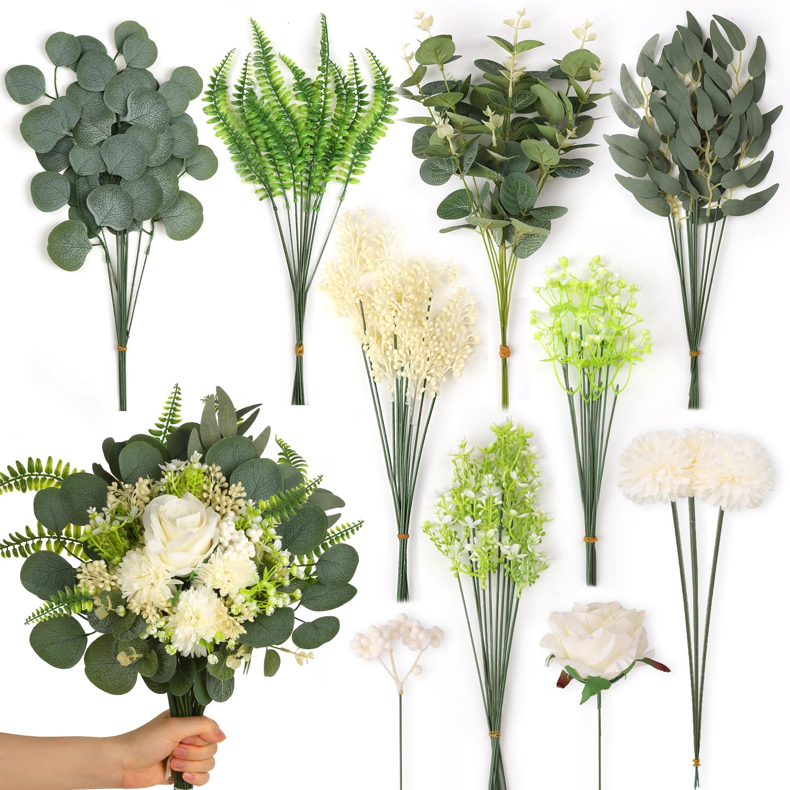 MAPVOLUT 75 Pcs 10 Kinds of Artificial Eucalyptus Greenery Stems Set, With Fake Flowers, Faux Greenery Leaves For Wedding Centerpiece Table
