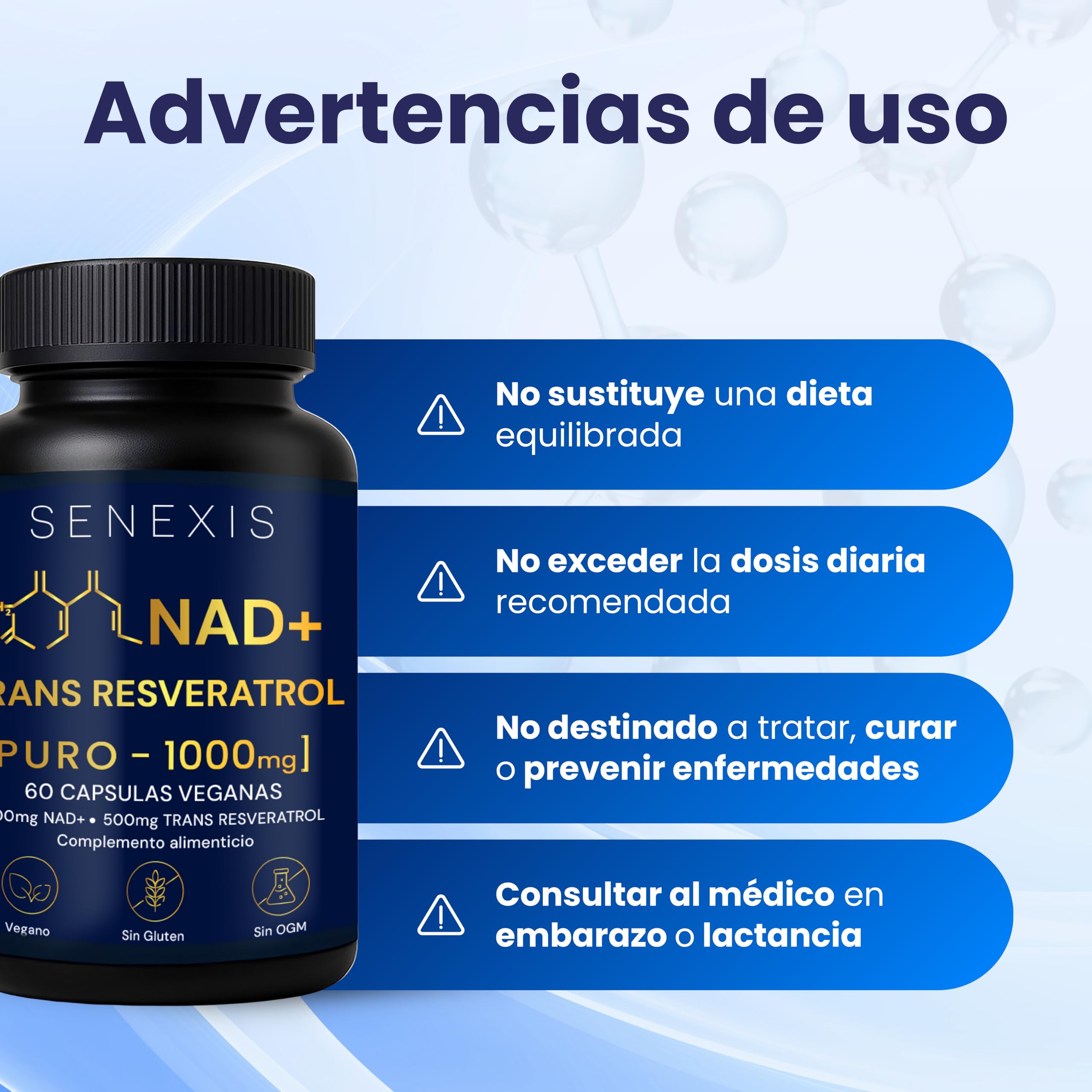 Nad Resveratrol Puro 1000mg, 60 Cápsulas veganas, 500mg NAD + 500mg Trans-Resveratrol, Energía Celular, Antioxidante, Sin Gluten, Sin OGM, sin GMO - Apoyo Mitocondrial, Cognición, Antiedad