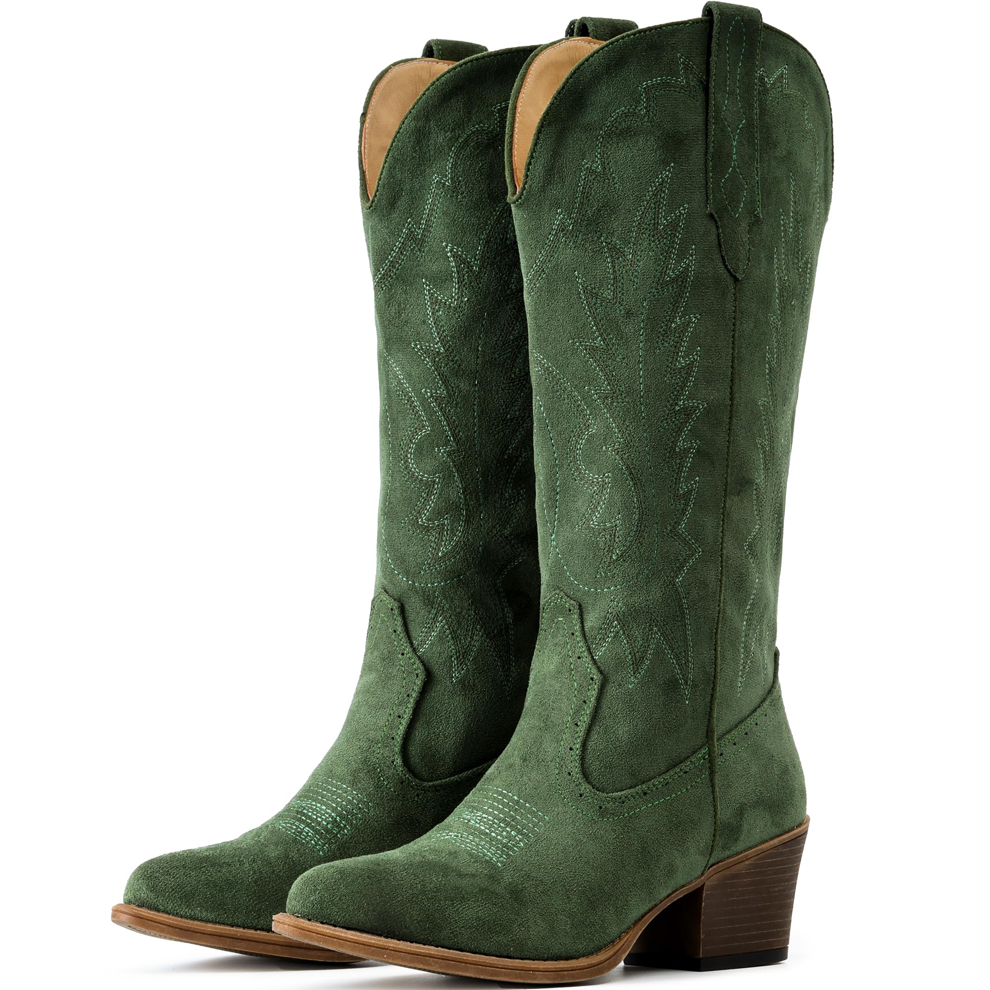 IUV Suede Cowboy Boots For Women Chunky Heel Pointed Toe Cowgirl Boots Mid Calf Western Embroidery fall Boot