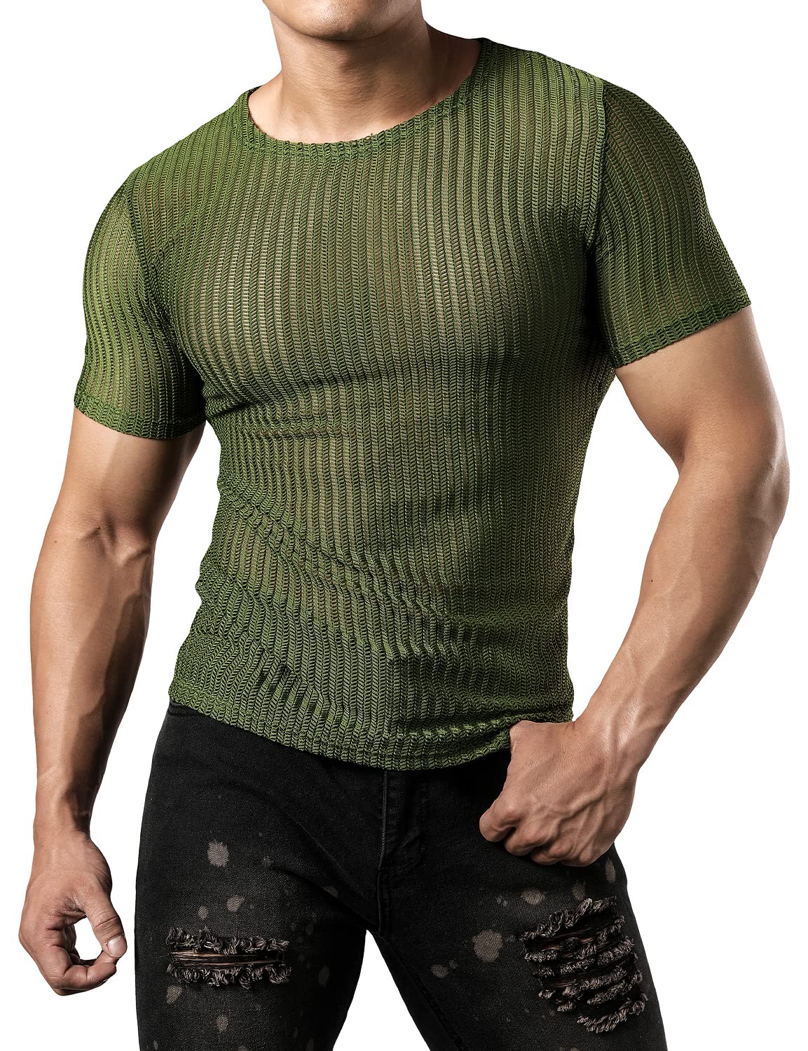 JOGALMen's Mesh See Through Fitted Short Sleeve Muscle Top