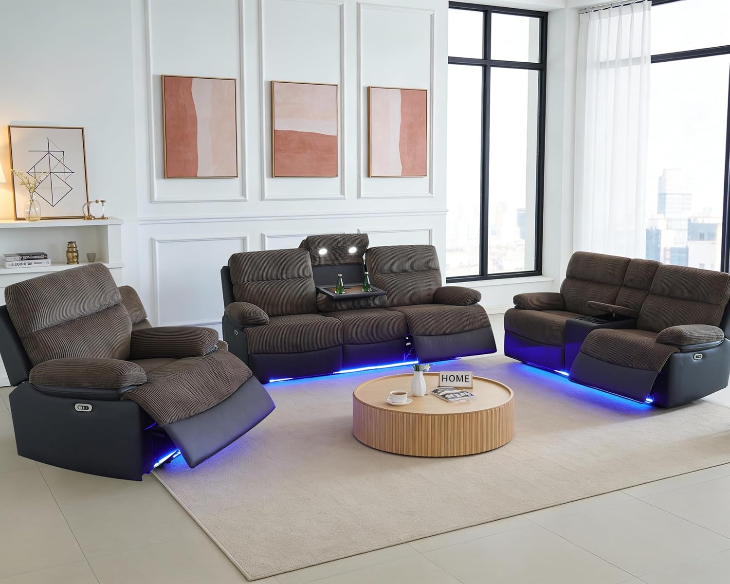 Power Recliner Sofa Set with LED, 3 Piece Living Room Furniture Set, Reclining Couch Set 3 Seat Sofa Loveseat and Chair for Living Room with USB Port/Reading Light/Storage (Brown)