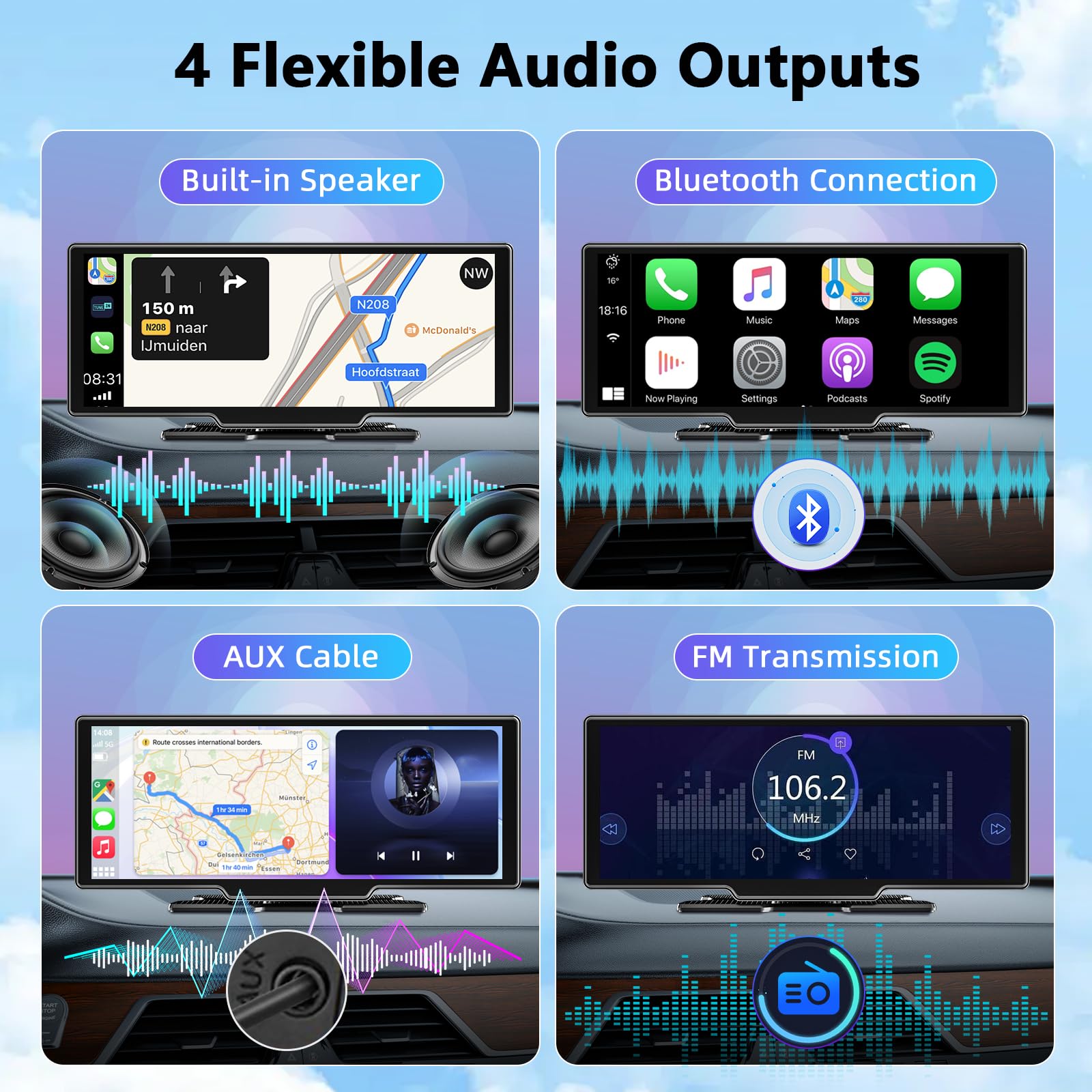 10,26 Calowy Przenośny Ekran z Bezprzewodowym CarPlay i Android Auto, Radio Samochodowe z 4K Dashcam Przednią I Tylną Kamerą 1080P HD/Bluetooth/FM/AUX/64G TF/Mirror Link/Voice Control/GPS