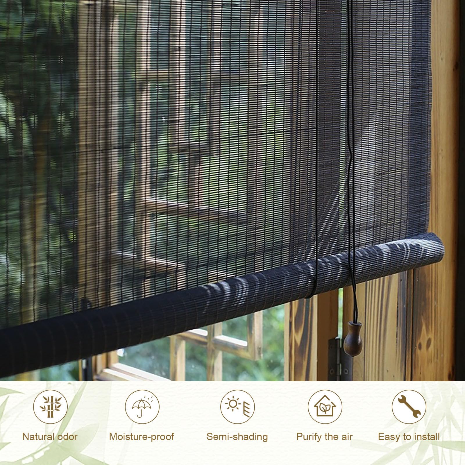 Store Bambou Roulable 90x120cm | Carbonisé Type B | Ombrage 60% | Pour Extérieur/Intérieur | Terrasse, Balcon