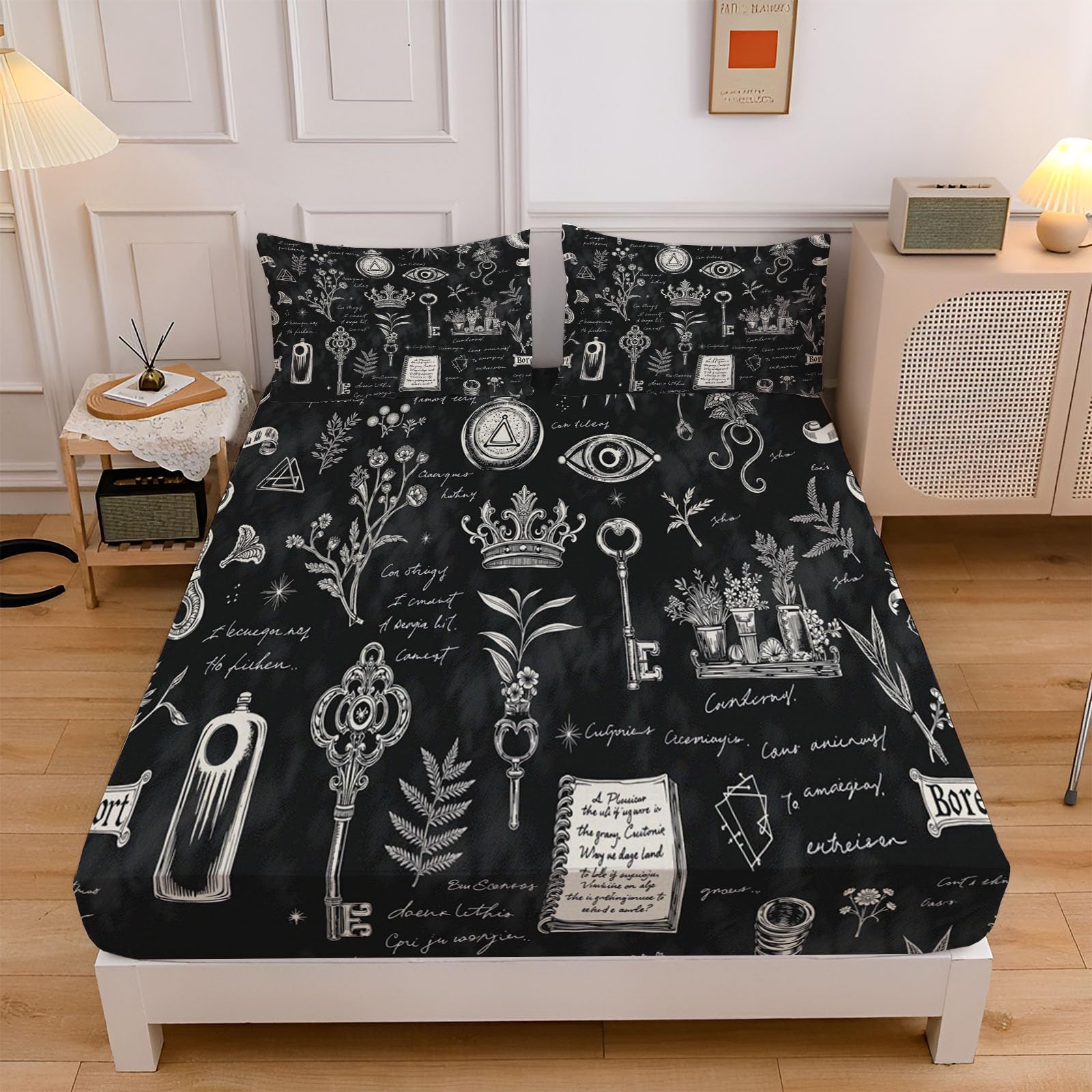 Drap housse poche 30cm antidérapant 180x200 respirant motif lettres et plantes