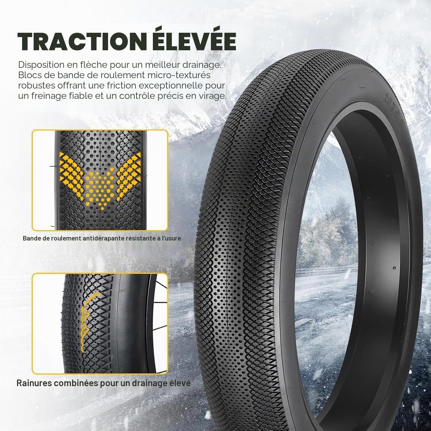 ZUKKA Fat Pneu de vélo électrique 20/26 x 4.0 Heavy Duty 20" 26" Pneu pour vélo électrique Pliable Compatible avec Wide Mountain Snow Bicycle (Fat Bike Tires)