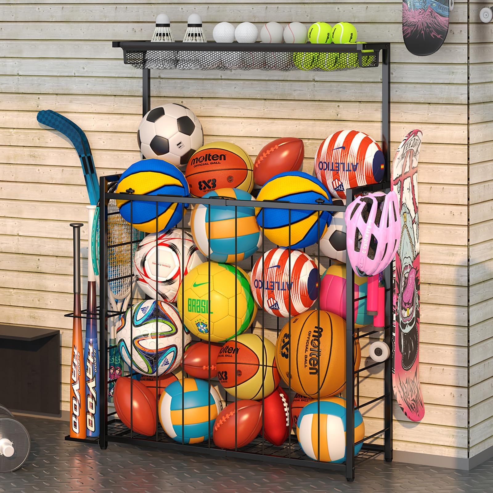 Brayden Studio Sports Equipment Organizer - Garage Ball Storage Rack With Basket Hooks And Rolling Cart For Toy Sports Gear Storage Black C115144000