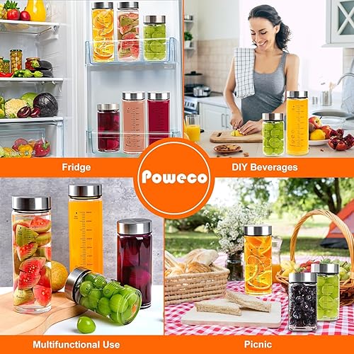 Miniatura 6 de Botellas de vidrio para jugo, paquete de 4 botellas de agua de vidrio de boca ancha con tapas, para jugos, proteínas, licuados, leche,