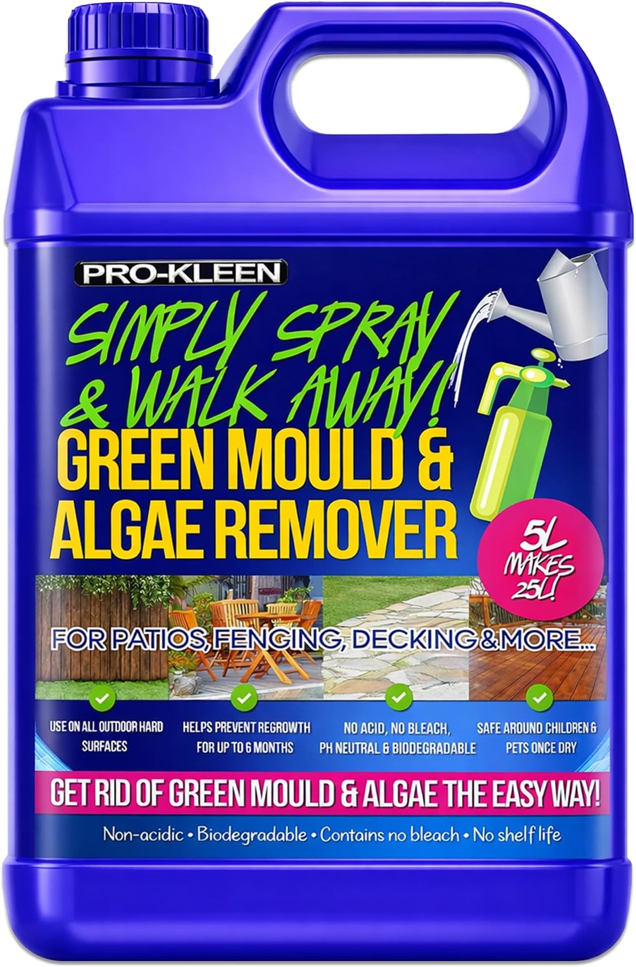 Pro-Kleen MY16 Patio Cleaner Simply Spray and Walk Away Green Mould and Algae Killer for Patios, Fencing and Decking 5 Litre Concentrate (Makes 25 litres)